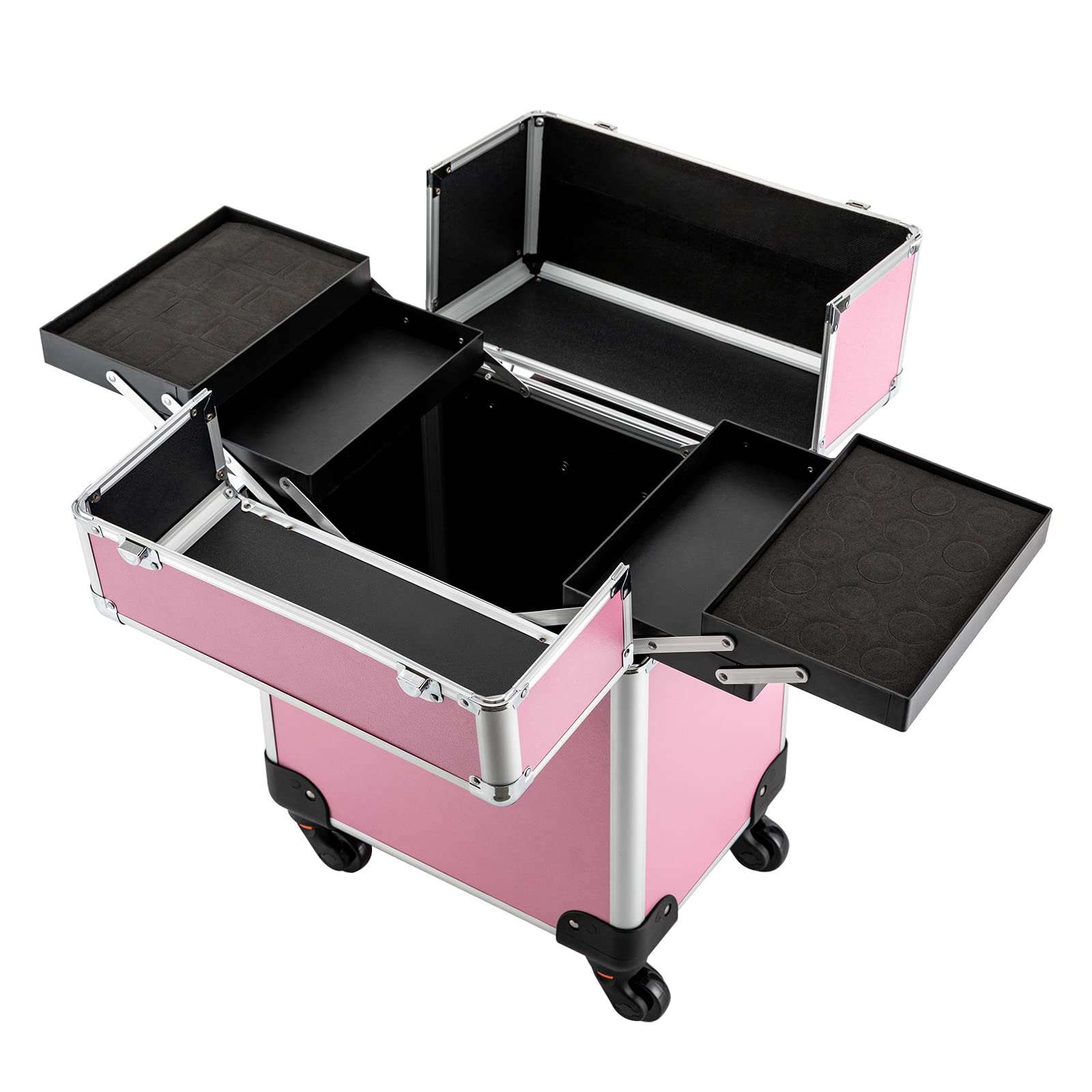 Alu Kosmetik Trolley Koffer Schmink Friseur Pro Beauty Case Make-Up Nageldesign Gut Reisen Rollender Zug Wagen Aufbewahrungsorganisator Mit Teleskopierbaren Stange Universal Wheel Und Lock (Rosa)
