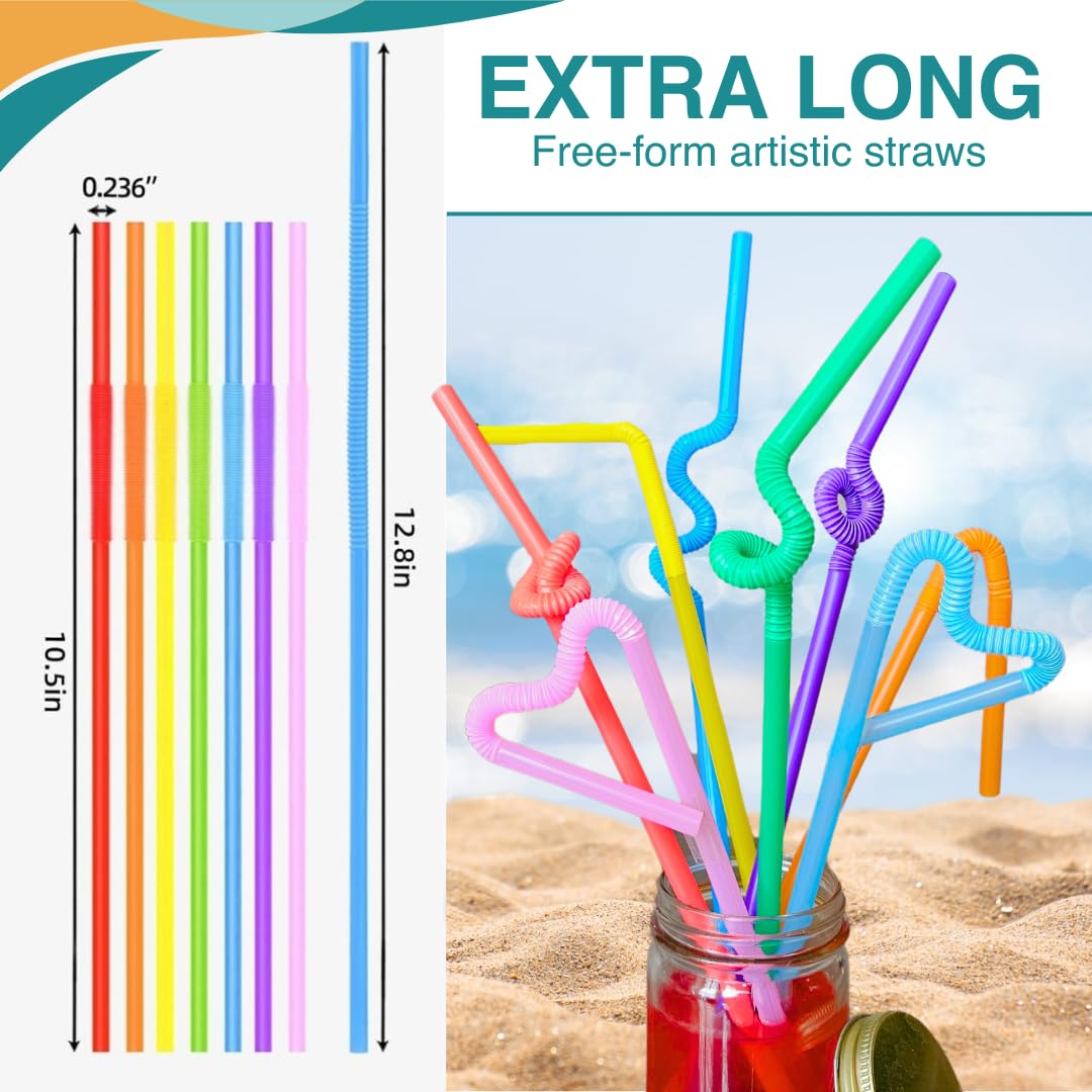 200PCS Flexible Plastic Straws, Colorful Disposable Bendy Party Fancy Straws12.8inch Extra Long Straws Party Decorations