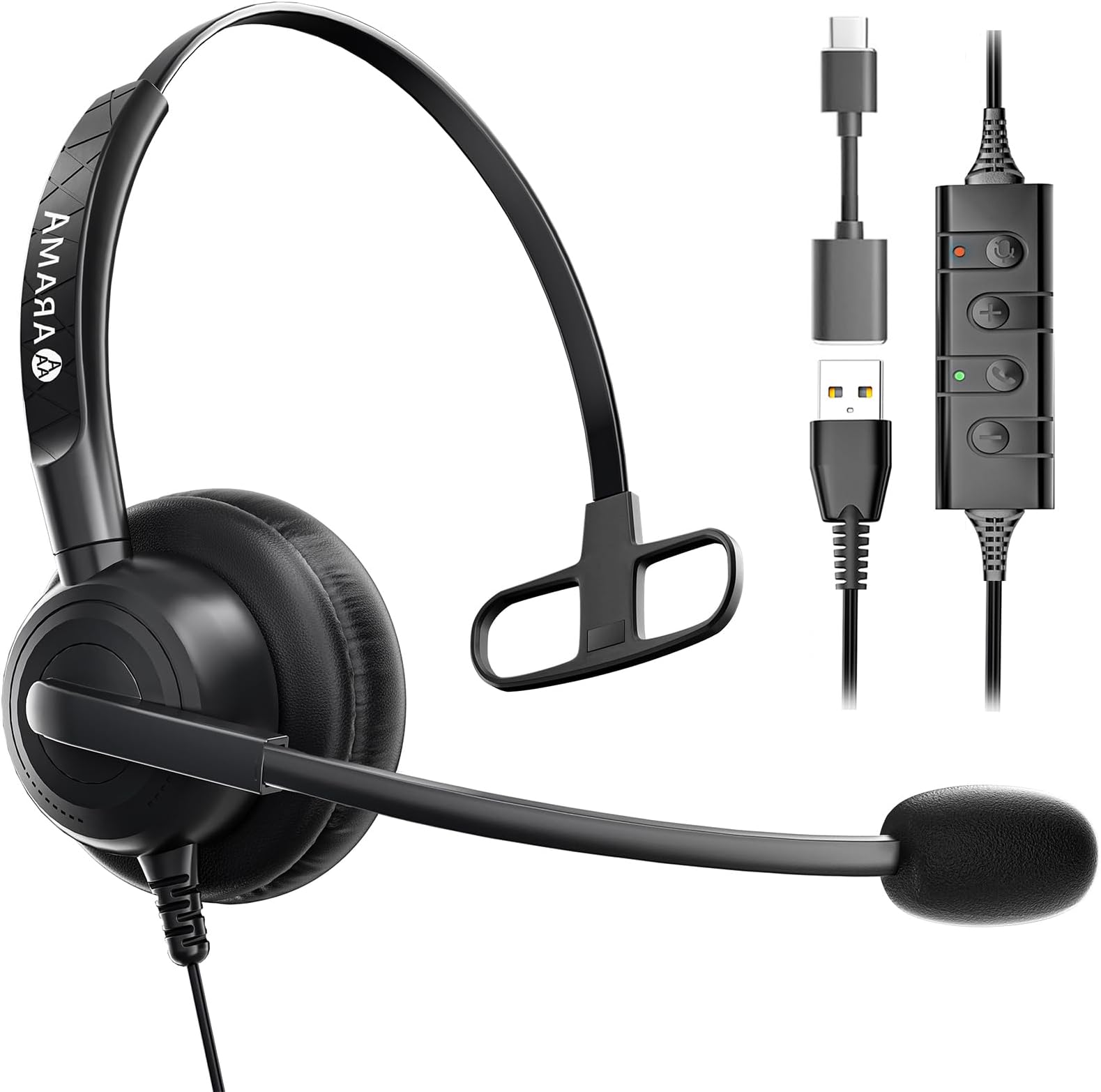 Arama USB Headset with Microphone Noise-Cancelling, Comfort Fit Computer Headset with Microphone for PC Laptop Mac Skype Zoom UC Webinar Business Call Center Home Office (Black-Monaural)
