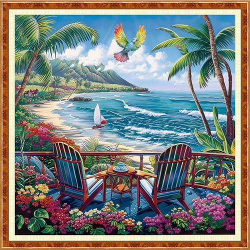 Image of Joyhoor Stamped Cross Stitch Kits for Beginners Needlepoint Kits for Adults Embroidery Kits 11CT Counted Cross Stitch Kits Printed Embroidery Pattern-Rest Drink Tea by Seaside 18x18 inch