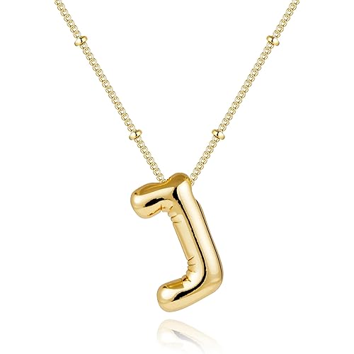 Inerney Christmas Gifts Stocking Stuffers for Women, Gold Bubble Letter Necklace Initial Necklaces for Women, Chunky 14K Plated Balloon Initials, Trendy Charm Non Tarnish Custom Name Pendant Jewelry Gifts for Mom