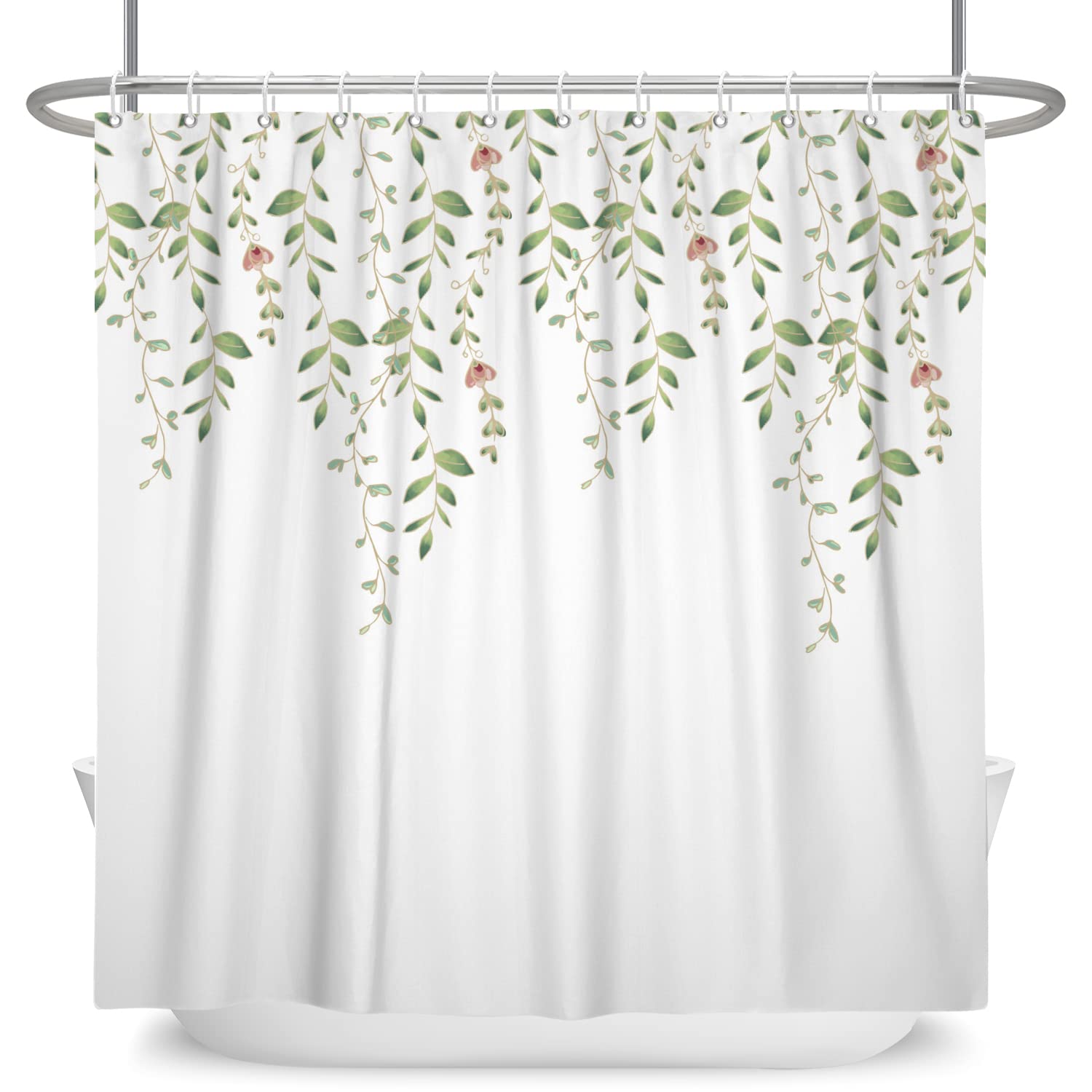 Uiiooazy Tenda Doccia Antimuffa, Tenda da Doccia 200x180cm Foglie Blu Verde Eucalipto Fiori Bianco Tende da Bagno Tessuto Lavabile Impermeabile Poliestere Tende per Vasca da Bagno con 12 Anelli