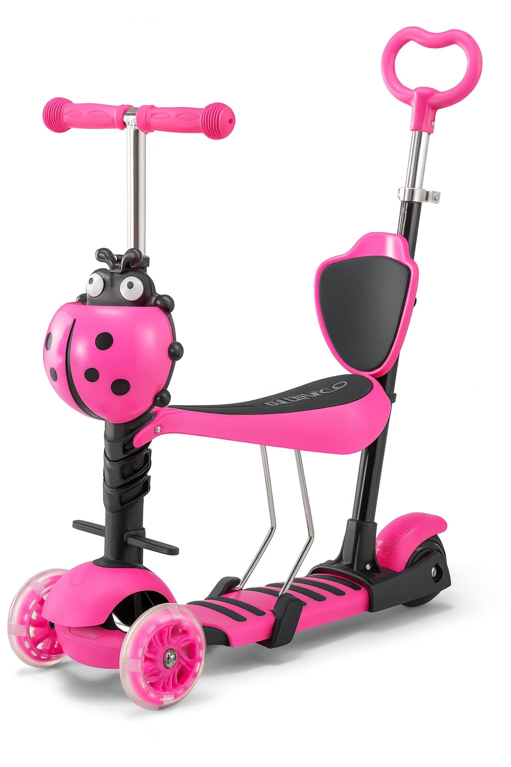 True Face 5 in 1 Kids Scooter, 3 Wheels Kick Scooter with LED Flashing Light, Adjustable Removable Handlebar & Seat & Anti-Slip Pedal for Ages 2 to 11 Years kids Push Scooter, Ladybug Girls Scooters