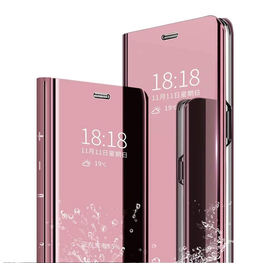 TenYll Case for Samsung Galaxy M31, Mirror Flip Cover PU Leather Magnetic Protective Cover [Smart Case] [Stand Case] [Full Body Protection], with Auto ON/OFF Function Translucent Cover -Rose gold