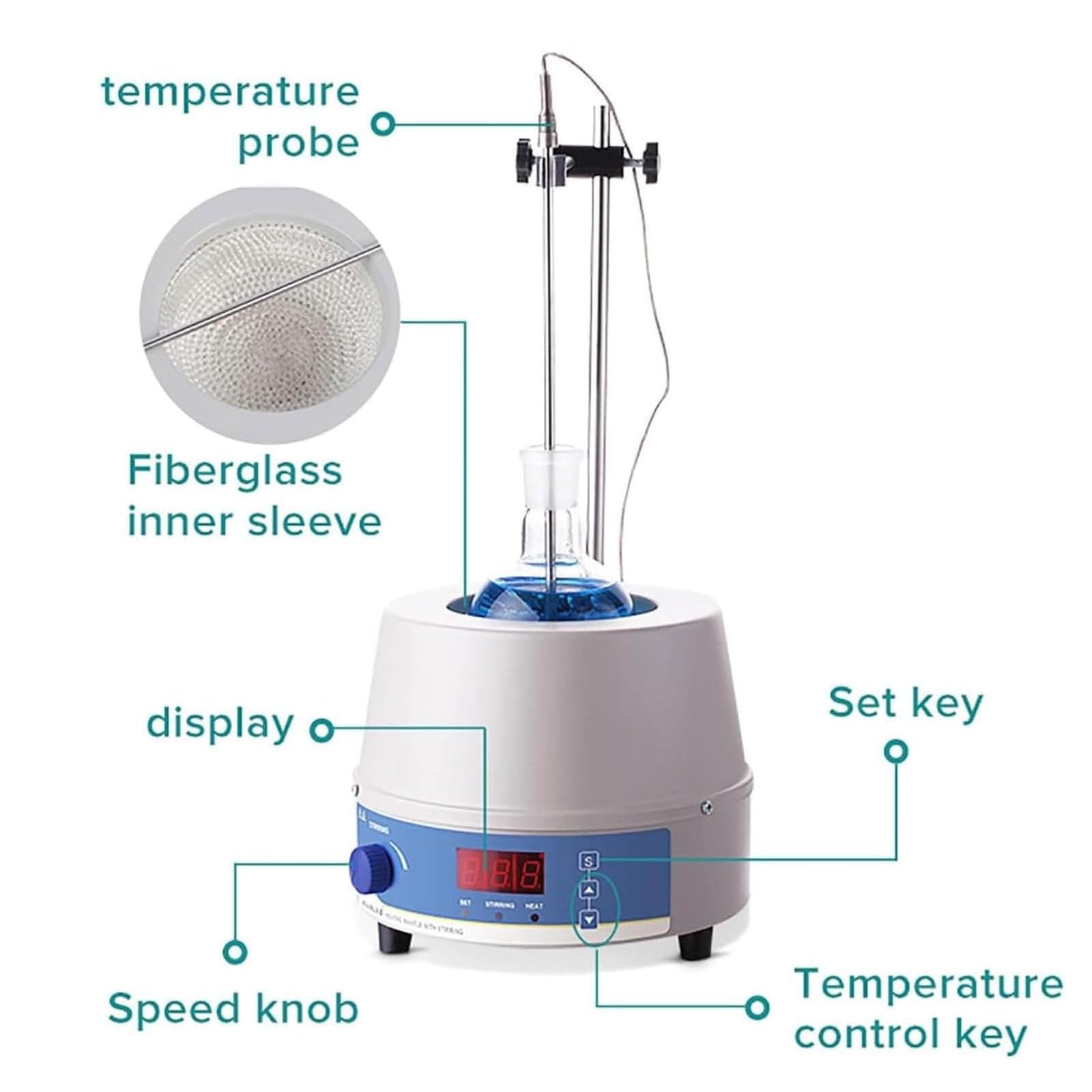 Manto eléctrico de calefacción de laboratorio de 1000 ml, agitador magnético con pantalla digital, velocidad ajustable de 100-2400 W, 100-2400 R/min, temperatura máxima de 300 °C, para uso en