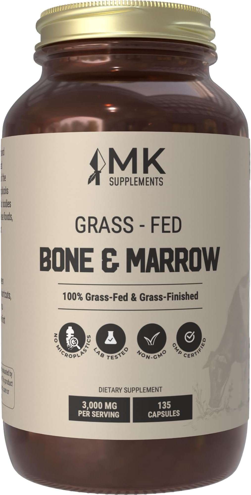 MK Supplements Grass-Fed Bone & Marrow Capsules | Collagen Types I & II + Bone Peptides + Marrow | Whole-Food Calcium Matrix | New Zealand Raised | 135 Capsules