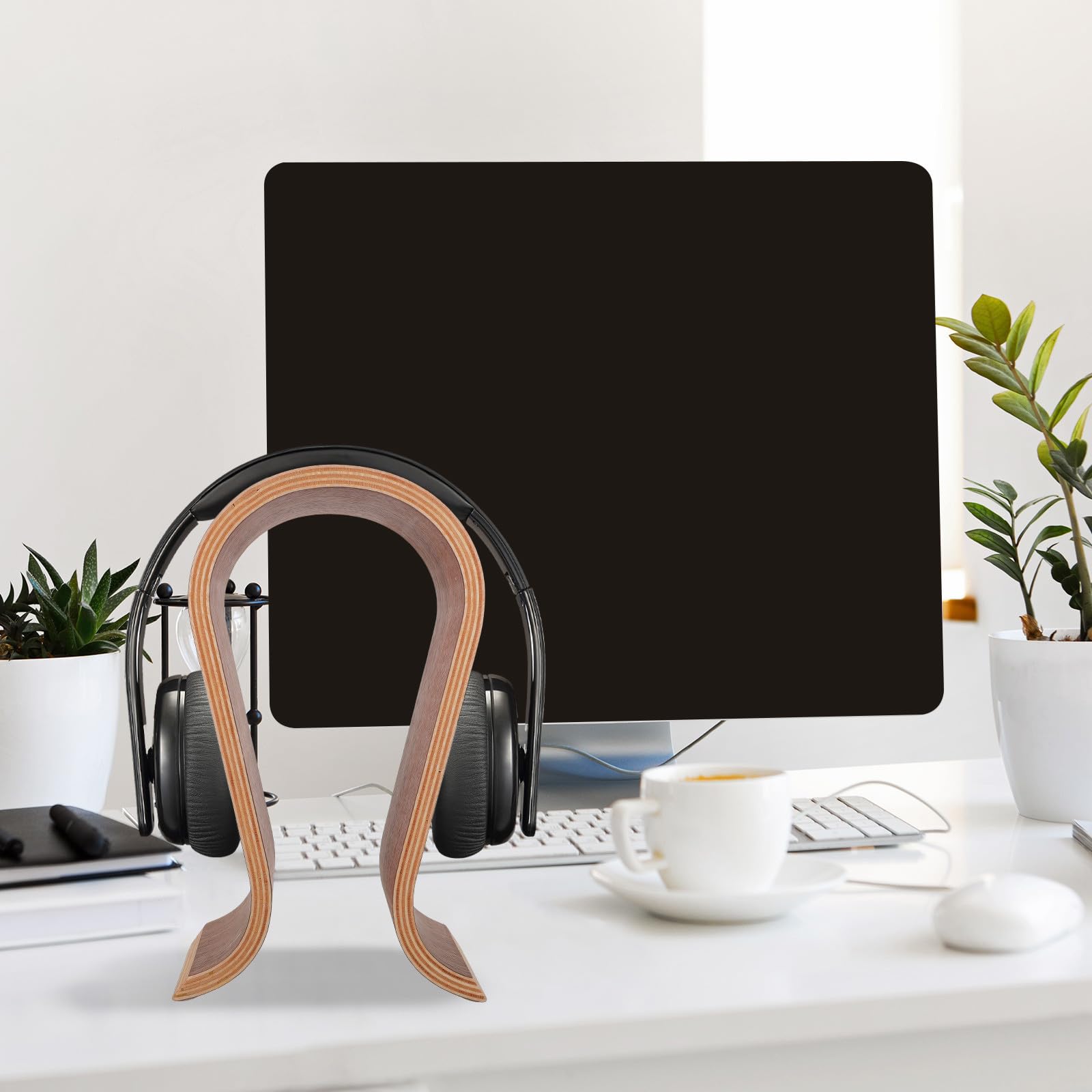 Mikinona Soporte para Auriculares de Madera Marrón Diseño en Forma, Compatible Auriculares Cubiertos, Colgador Resistente para Escritorio Gaming