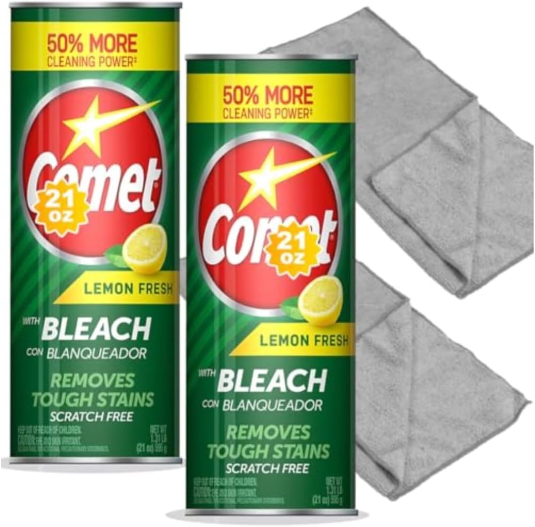 Cleaning Bundle: Comet Lemon Fresh Powder Cleanser with Bleach, 21 oz Bottles, 2 Pack + two 12"×16" microfiber cloths