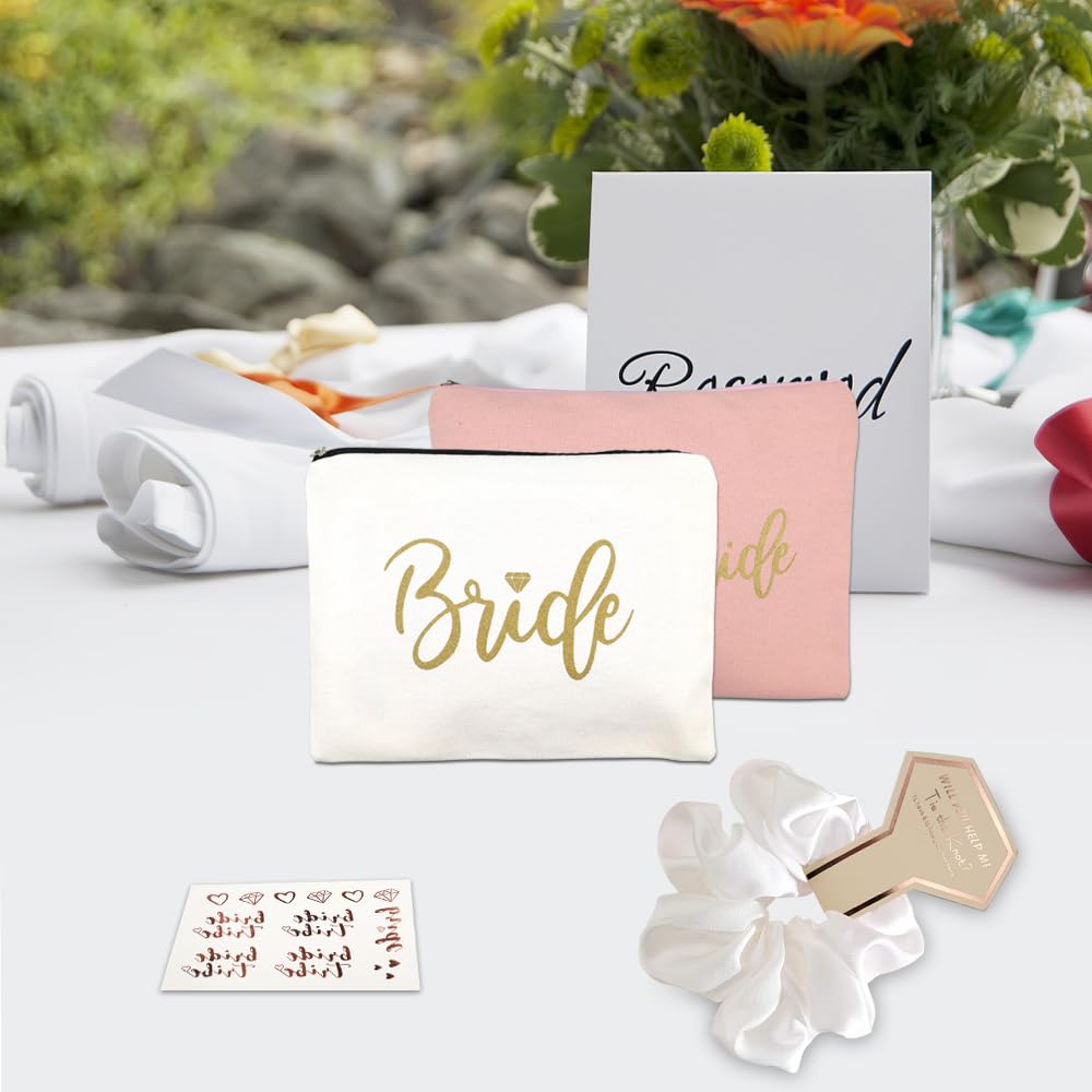 20 pcs Bride to Be Decoration,Cadeaux de Mariée Demoiselle d'honneur 9 Trousses de Maquillage Demoiselle d'honneur Team Brides 9 Chouchou Satin,Tatouage EVJF pour Mariage Fête