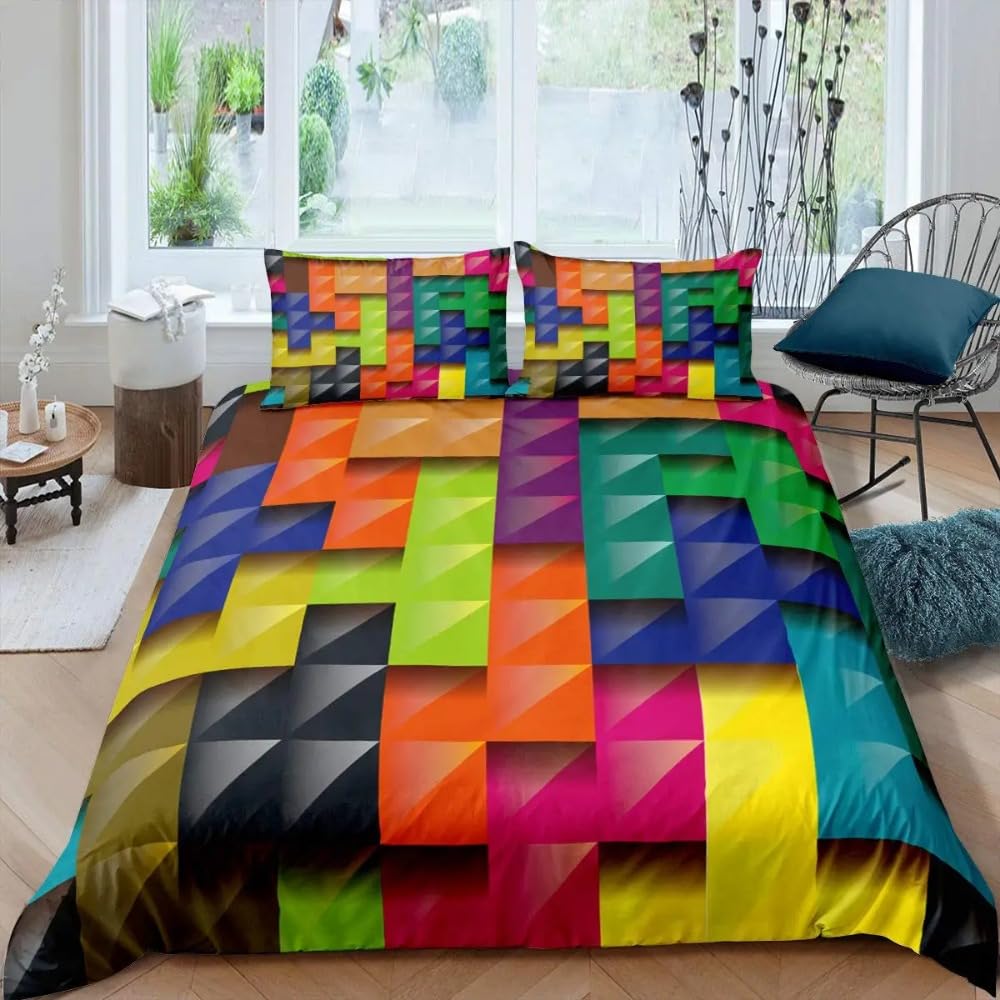 Housse de couette avec taie d'oreiller en tissu microfibre confortable motif quadrillé VM-07