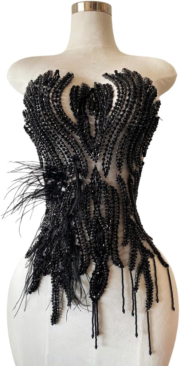 Hand Made Smart Beads Tassels Fluttering Feathers Hand-Stitched Shiny Rhinestones Bodice Applique Dress DIY Accessories Patches (Black)