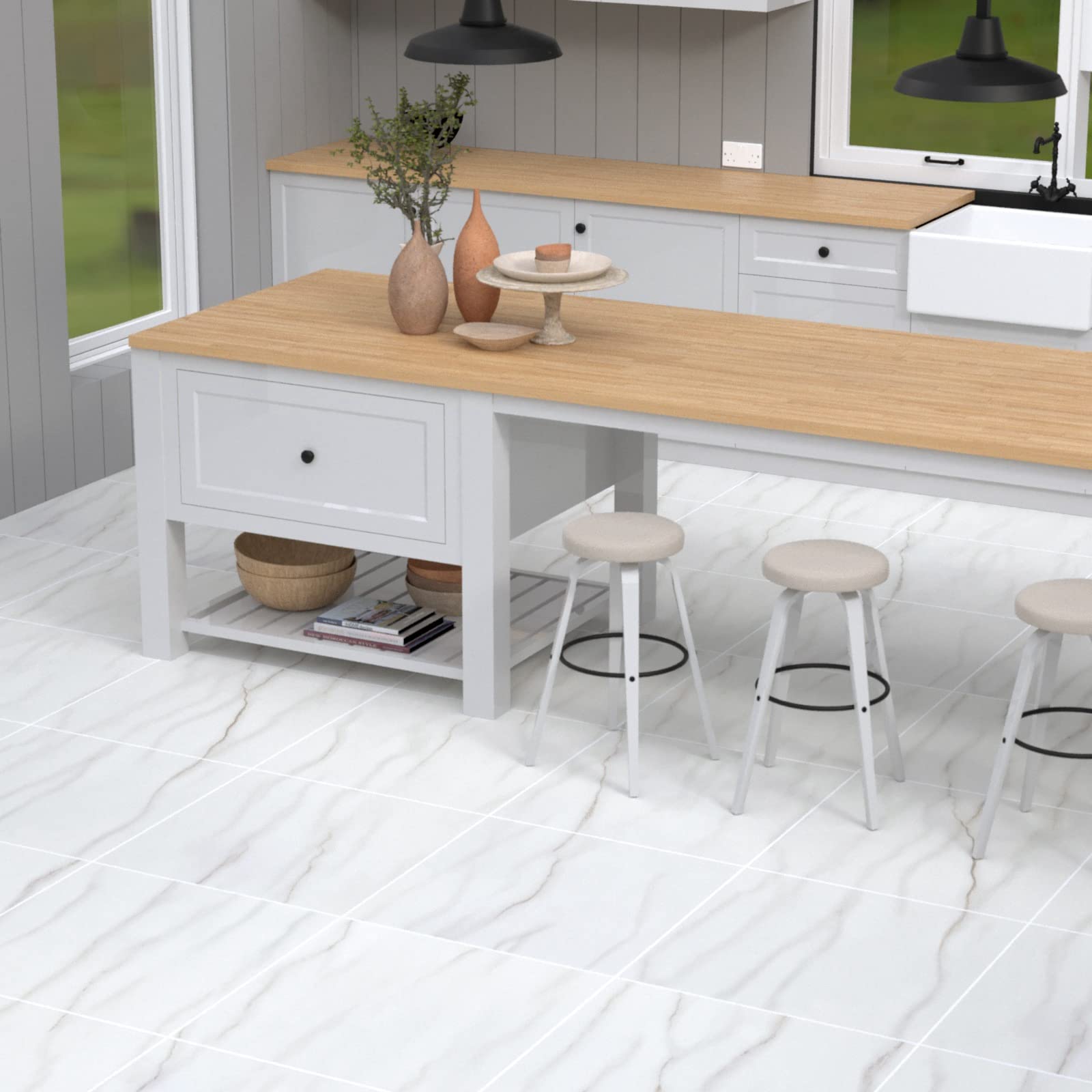 Homease Suelo de PVC autoadhesivo con efecto mármol, suelo de vinilo, antideslizante, impermeable, cortable, aspecto de azulejos, para cocina, salón, balcón, color blanco mate, 50 azulejos, 4,5 m²