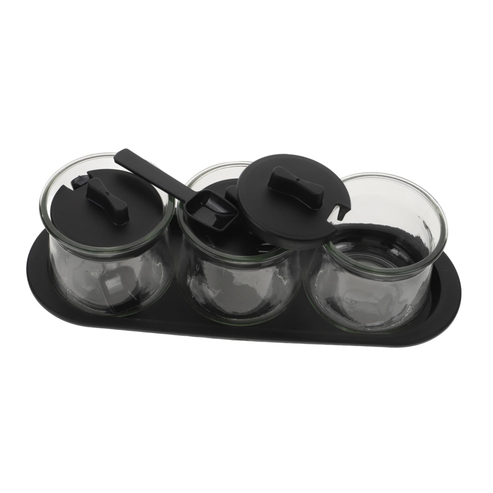 Set 3 Barattoli Per Spezie e Condimenti in Vetro Soda Con Coperchio, Contenitori Trasparenti Con Cucchiai e Vassoio Per Cucina Organizzata, Conservazione Asciutta Di Zucchero, Sale e Spezie