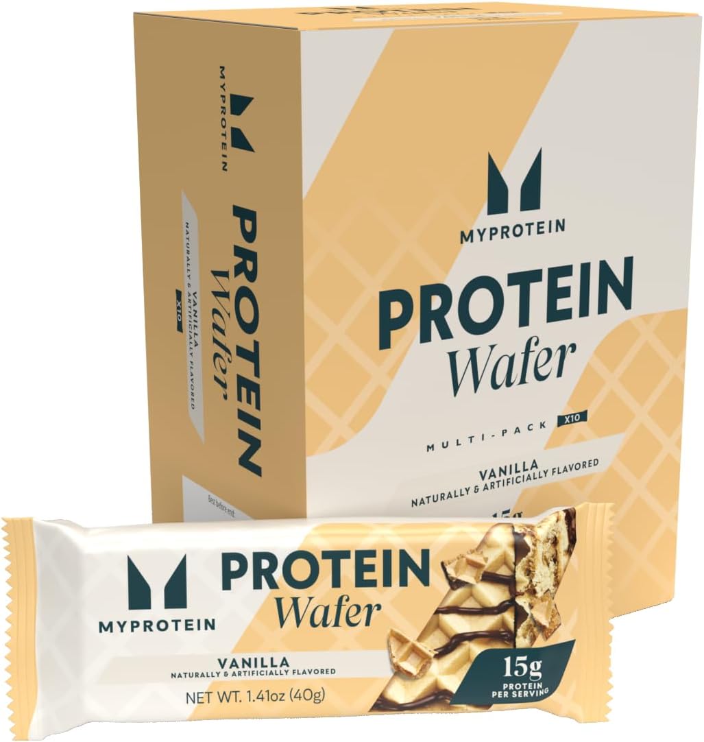 Myprotein プロテインバー、クリスピープロテインウエハース、15g高プロテインスナック、バニラウエハースパック10個入り、ミルク&ホエイプロテインアイソレート、軽くてカリカリスナックバー、おいしいプロテインバーの正方形