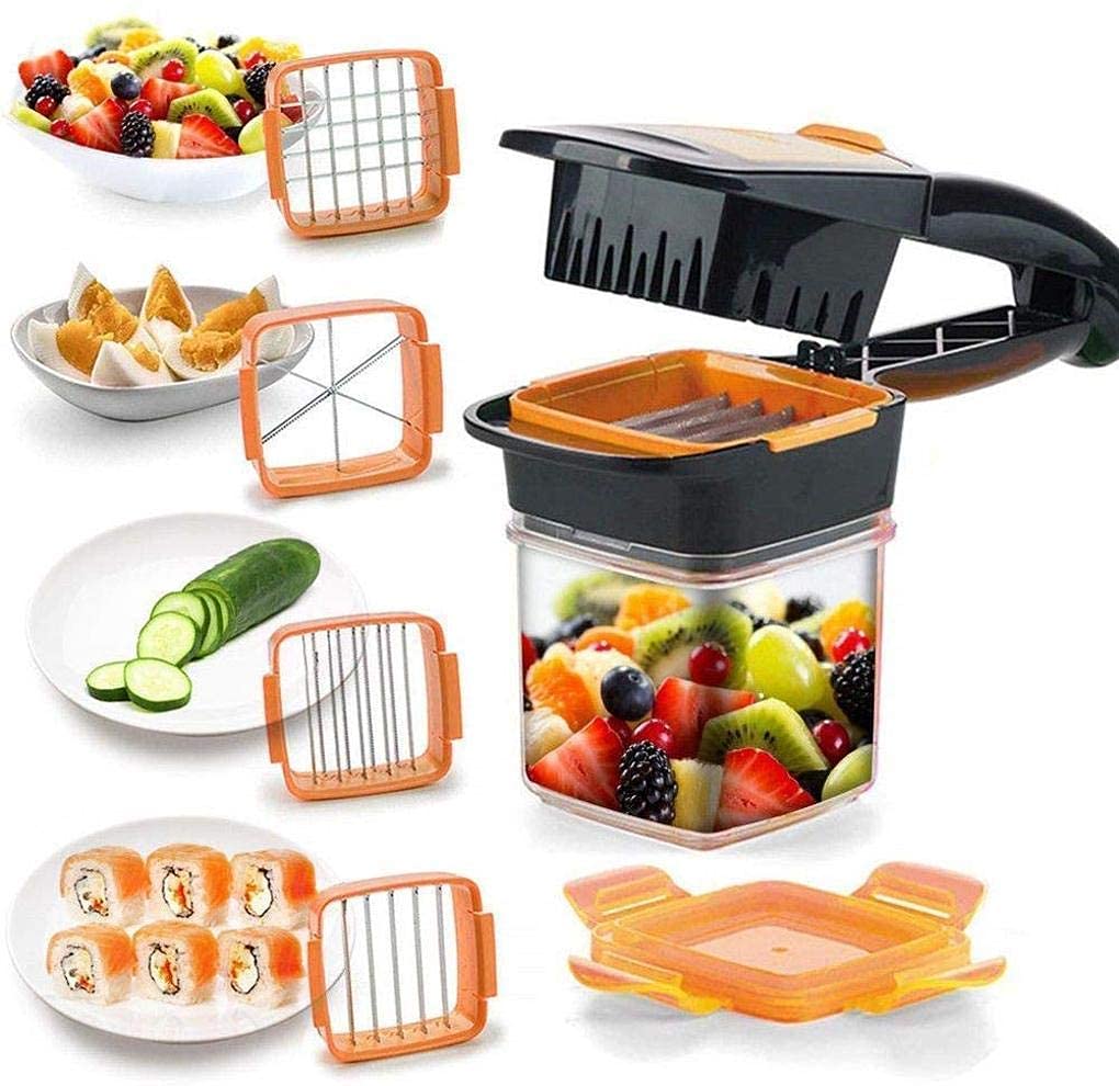 5 in 1 Multifunction Vegetable Manual Quick Dicer Cutter Non-Skid Base Fruit Slicer Chopper with Collecting Container (Orange)