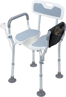 Silla de ducha con reposabrazos y respaldo, antideslizante, altura ajustable, asiento con ranura 3D y almohadilla a prueba de frío, asiento de ducha de aluminio resistente para ancianos