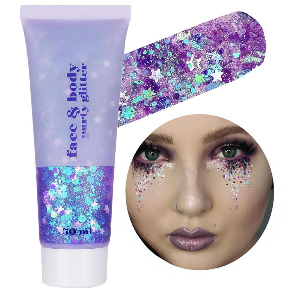 Go Ho Amethyst Purple Body Glitter Gel 50ML,Singer Concerts Face Glitter Makeup,Holographic Long Lasting Chunky Sequins Glitters for Eye Lip Hair Nails,Festival Rave Accessories