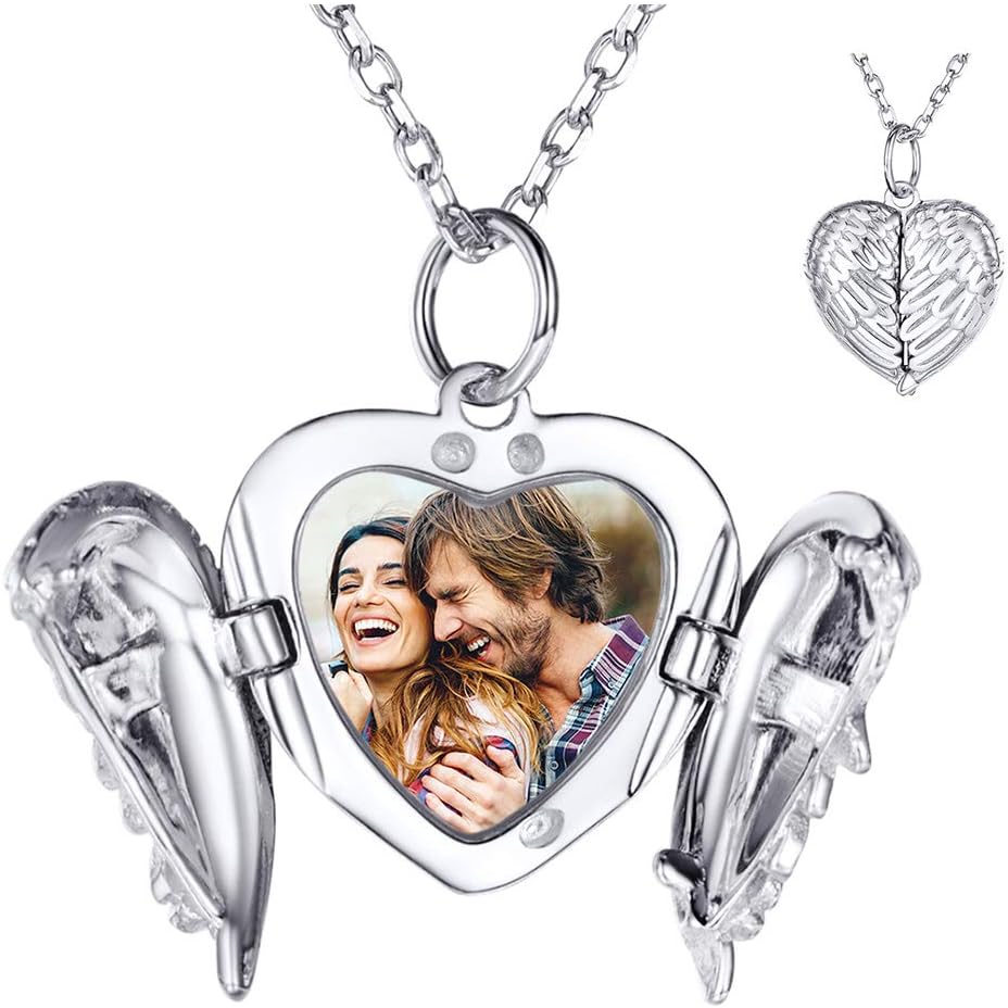 SILVERCUTE Personalized & Engraved Locket Necklace with 18" Chain -Angel Wings Locket, Custom Heart Locket Pendant that Holds Picture, Sterling Silver or Gold Plated