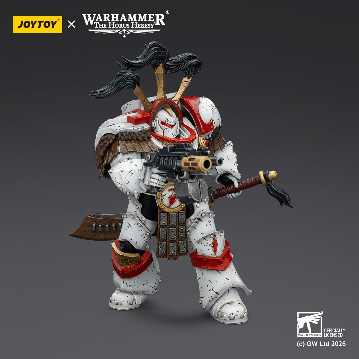 TOYVERSE JOYTOY Warhammer White Scars Praetor in Cataphractii Terminator zbroja z cyber jastrząbem, mieczem chogoriańskim i Combi Melta 1/18 model postaci z ruchomymi przegubami, figurka 15+