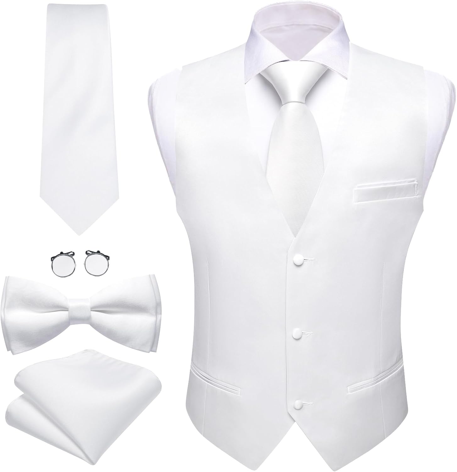 Barry.Wang Men's Suit Vests Tie Bowtie Set Solid Satin V-neck Waistcoat Hanky Cufflinks Fromal Business Wedding Tuxedo 5PCS