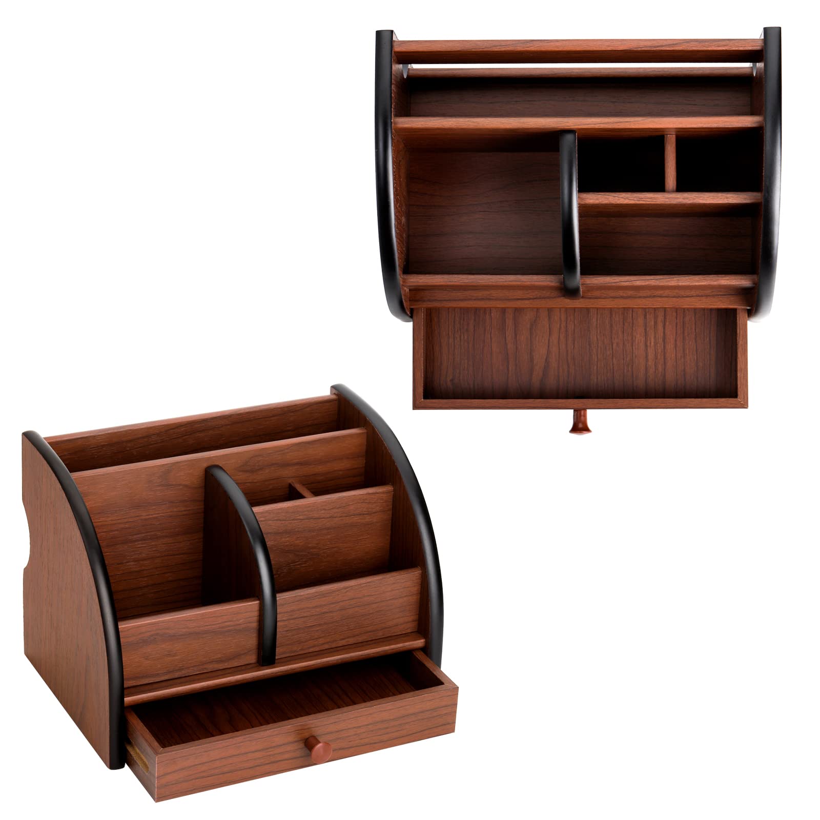 Foraineam Wooden Desk Organizer with Drawer, Remote Control Holder Caddy, Makeup Organizers, Wood Pencil Holder Desktop Supplies and Stationery Rack for Home Office School Tabletop Accessories Storage - Image 2