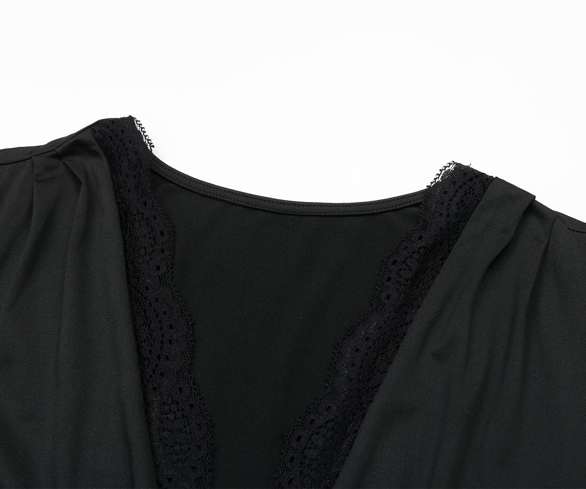 Daysskk Body da donna in pizzo a maniche lunghe con scollo a V sexy, Rosso vinaccia, S