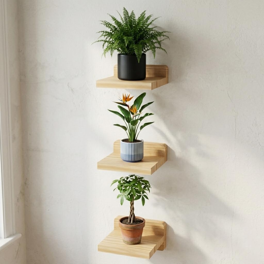 Decazone Wooden Wall Mounted Book Shelves Set of 3 | Kids Room Nursery Book Ledge Shelf | Floating Wall Shelves for Pots, Toys, Decor | Space Saving Wall Organizer (Natural Wood) (3)