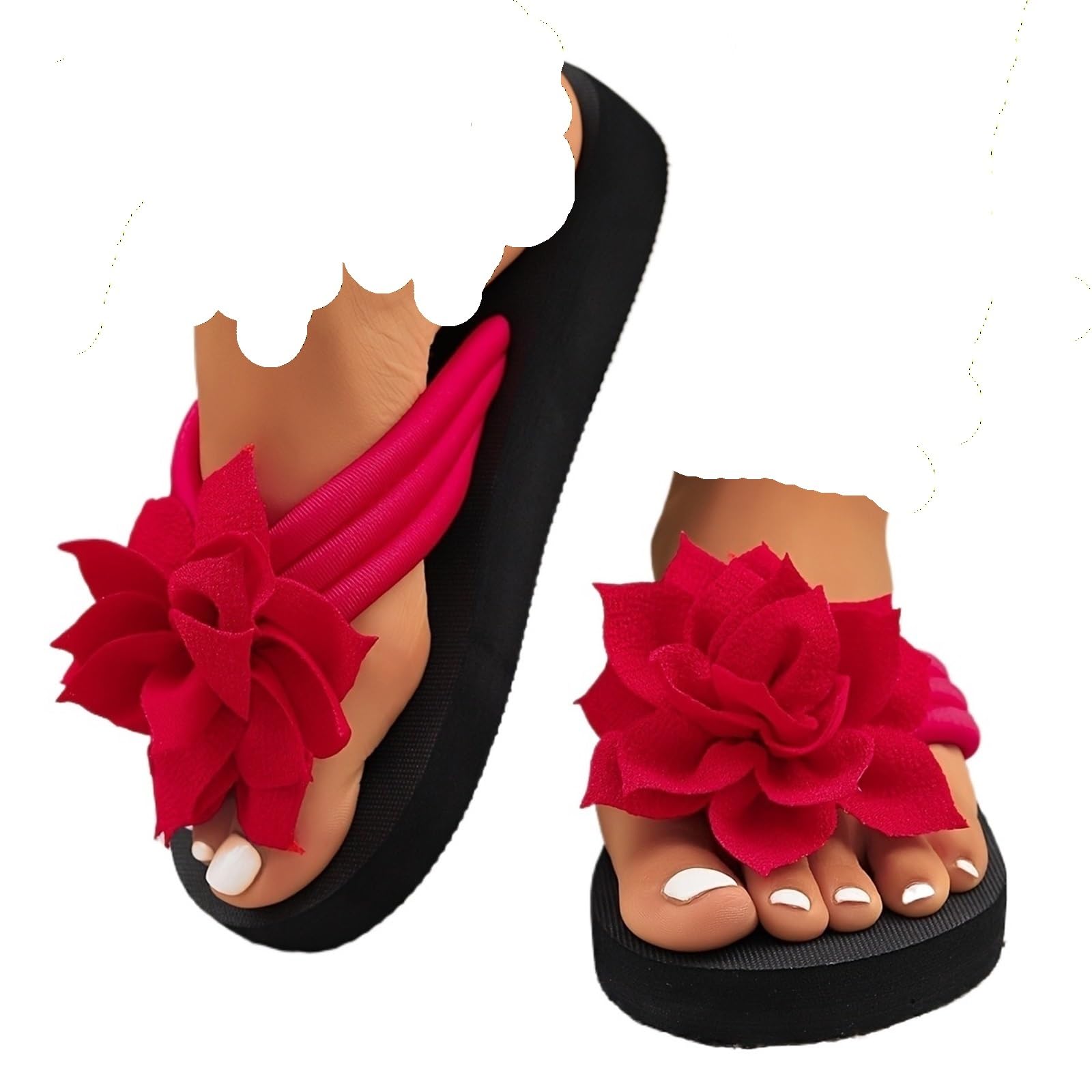 ERHTGUO Women's Floral Flip Flops SlipOn Mid Heel Sandals Fabric Upper EVA Sole Insole Solid Color Summer Casual Footwear(Red,37)