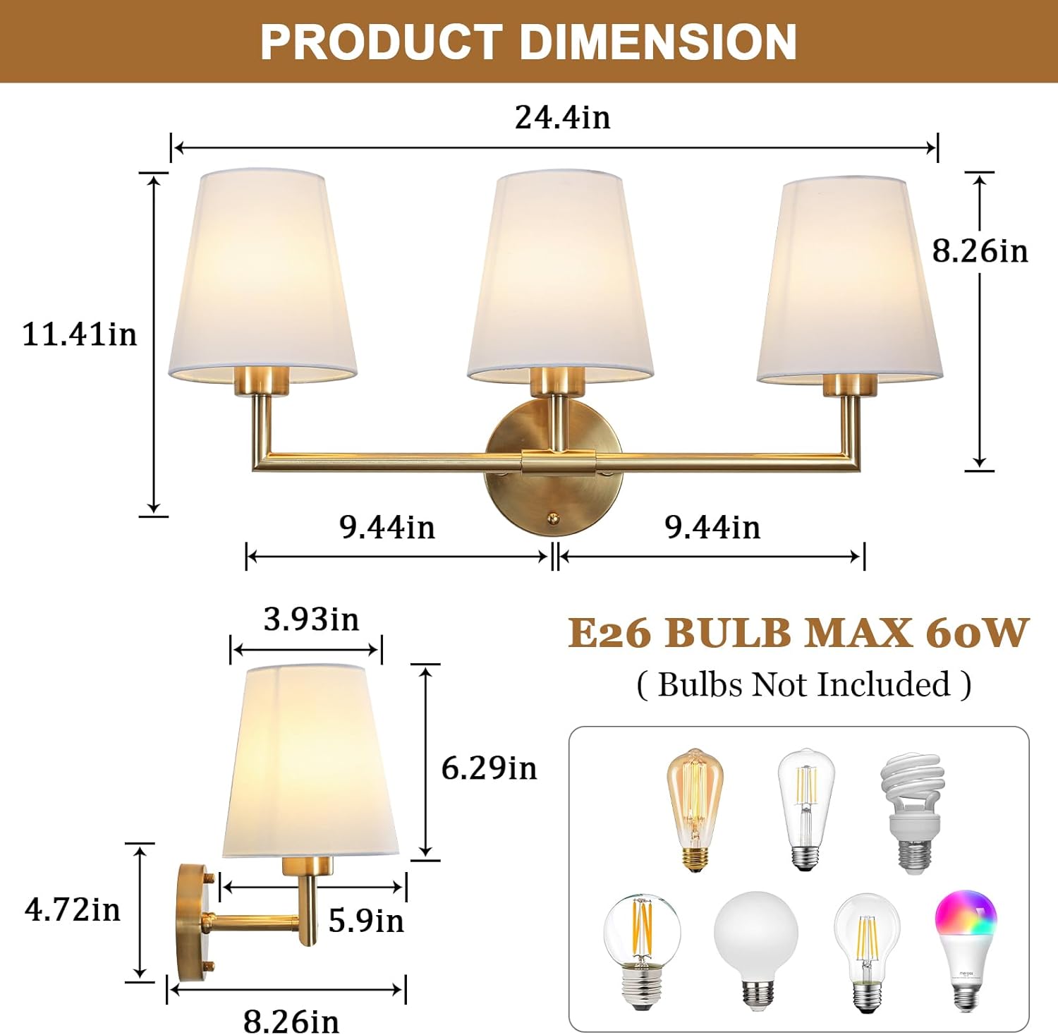 Bathroom Light Fixtures, 3-Light Brushed Gold Vanity Lights with White Fabric Shade, 24.4'' Barthroom Lighting Fixtures Over Mirror, Modern Wall Sconces for Bedroom Living Room Hallway