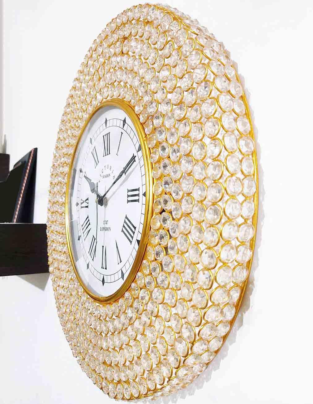 HOMEDECO Large Decorative Crystal Wall Clock (19") Metal Abstract Crystal Beads Analog Hanging Golden in Roman Number Fancy Diamond Clock Luxury Living Room Gift for Diwali Wedding Anniversary