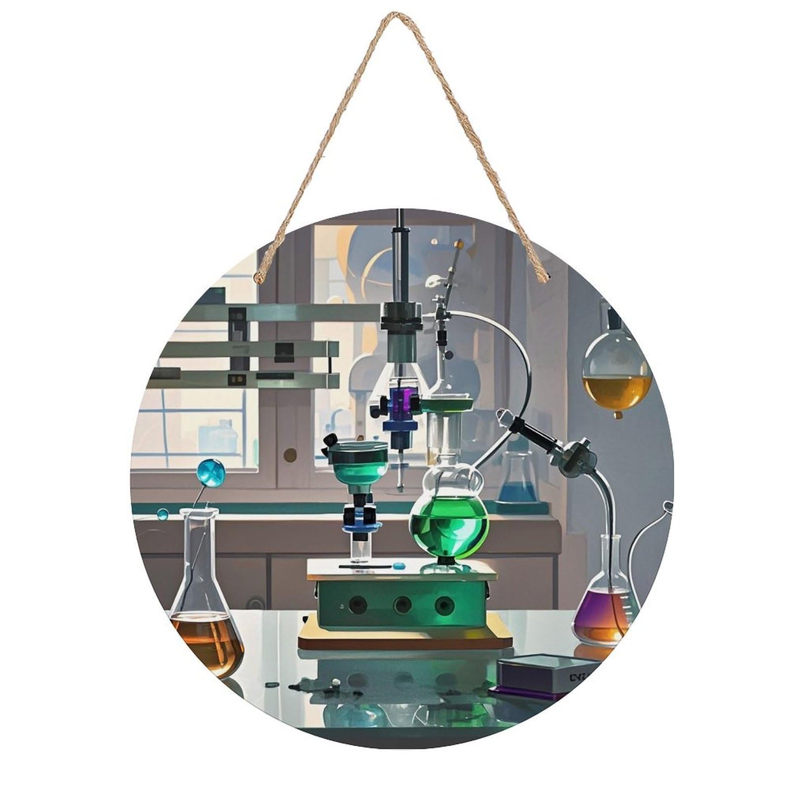 FekiLoot Chemistry Lab Wall Art Decor Round Wood Hanging Sign Decoration Wooden Circle Door Sign Round Hanging Decorative Wood Plaque Door Hanger for Home Outdoor Indoor Decoration