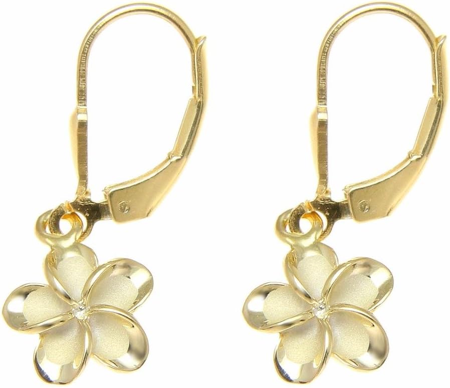 925 sterling silver yellow gold plated Hawaiian plumeria flower no cz stone leverback earrings 10mm