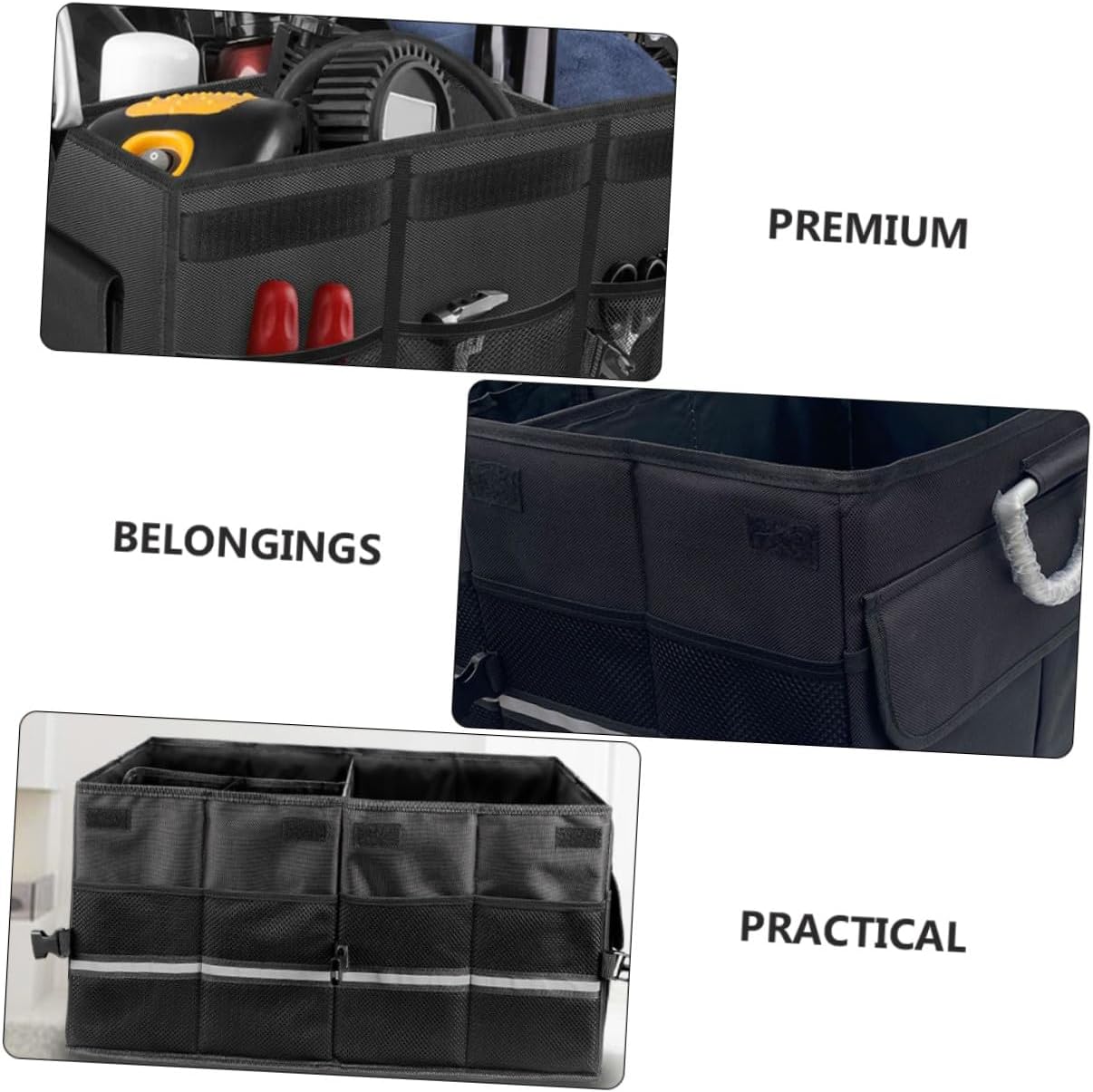 Car Trunk Organizer Foldable Storage Case with Multi Compartments Black, Collapsible Car Storage Box for Suv Sedan, Auto Trunk Organizer with Handle and Non-slip Base