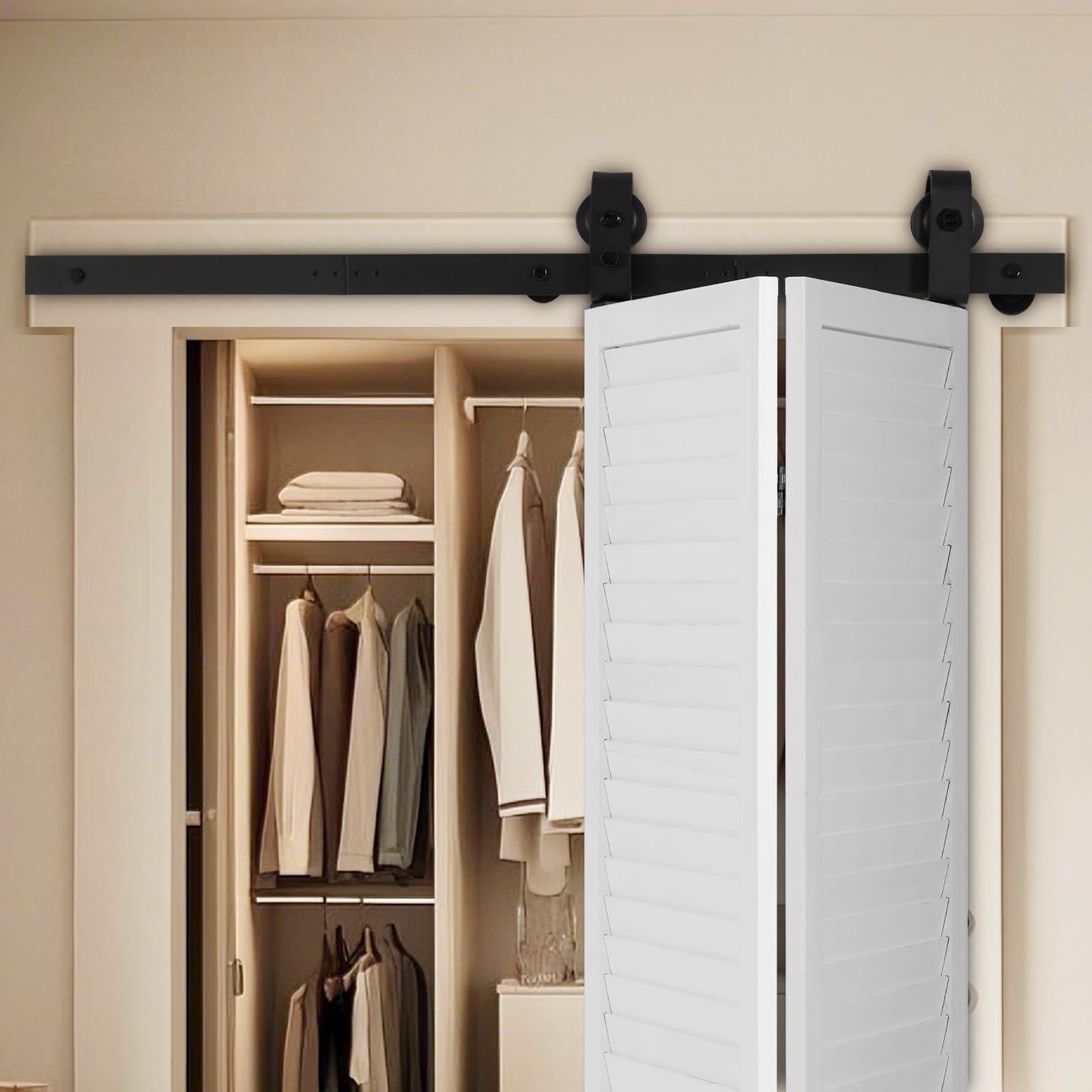 VEVOR Schiebetürsystem für faltbare Schiebetür, Schiebetürbeschlag 1016 mm Laufschiene, geeignet für zwei 45,7 cm große Schrank-, Speisekammer- & Wäschetüren (nicht im Lieferumfang enthalten)