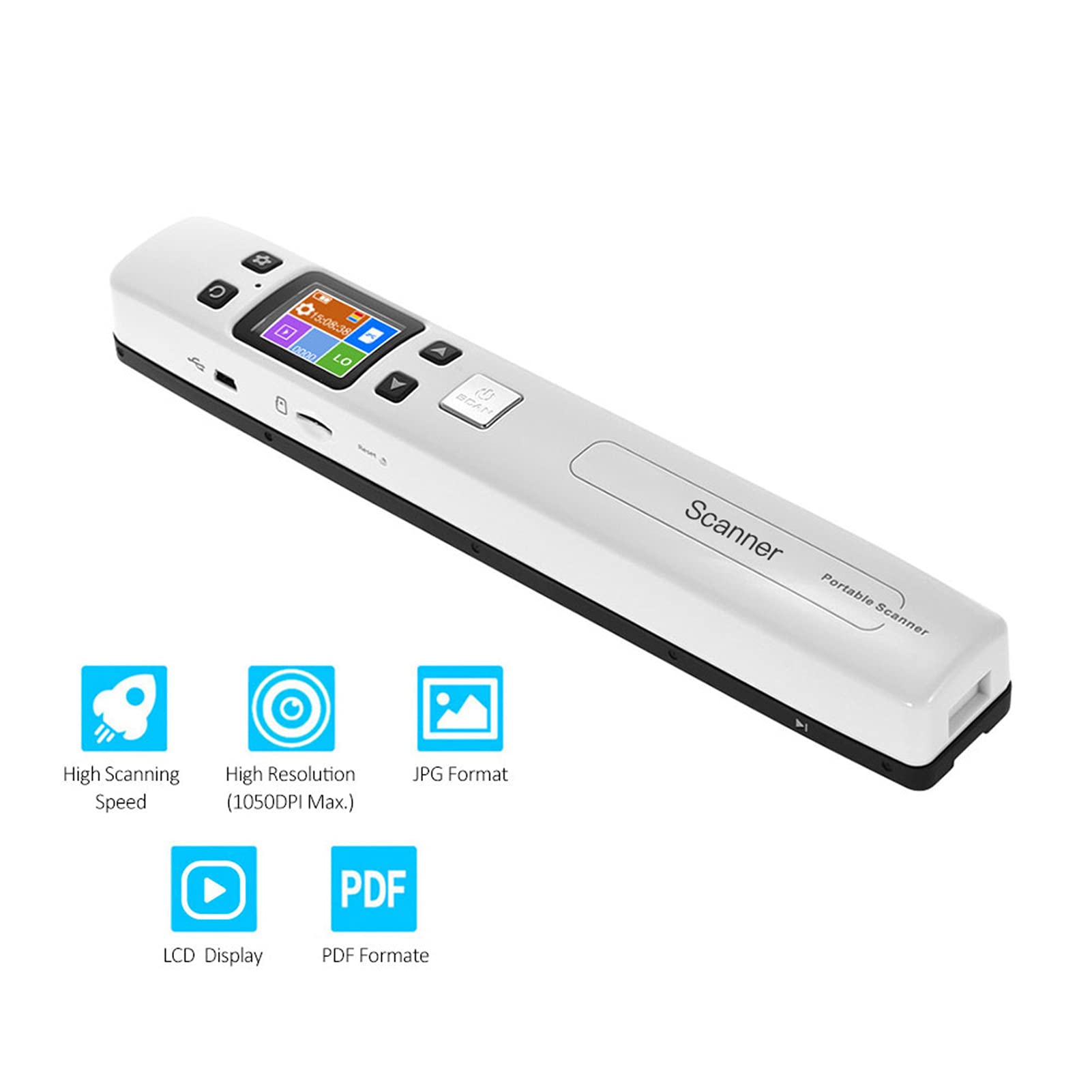 Scanner portatile a bacchetta con display LCD a scansione ad alta velocità da 1050 DPI Formato PDF JPEG per documenti, libri, ricevute, uso aziendale in ufficio