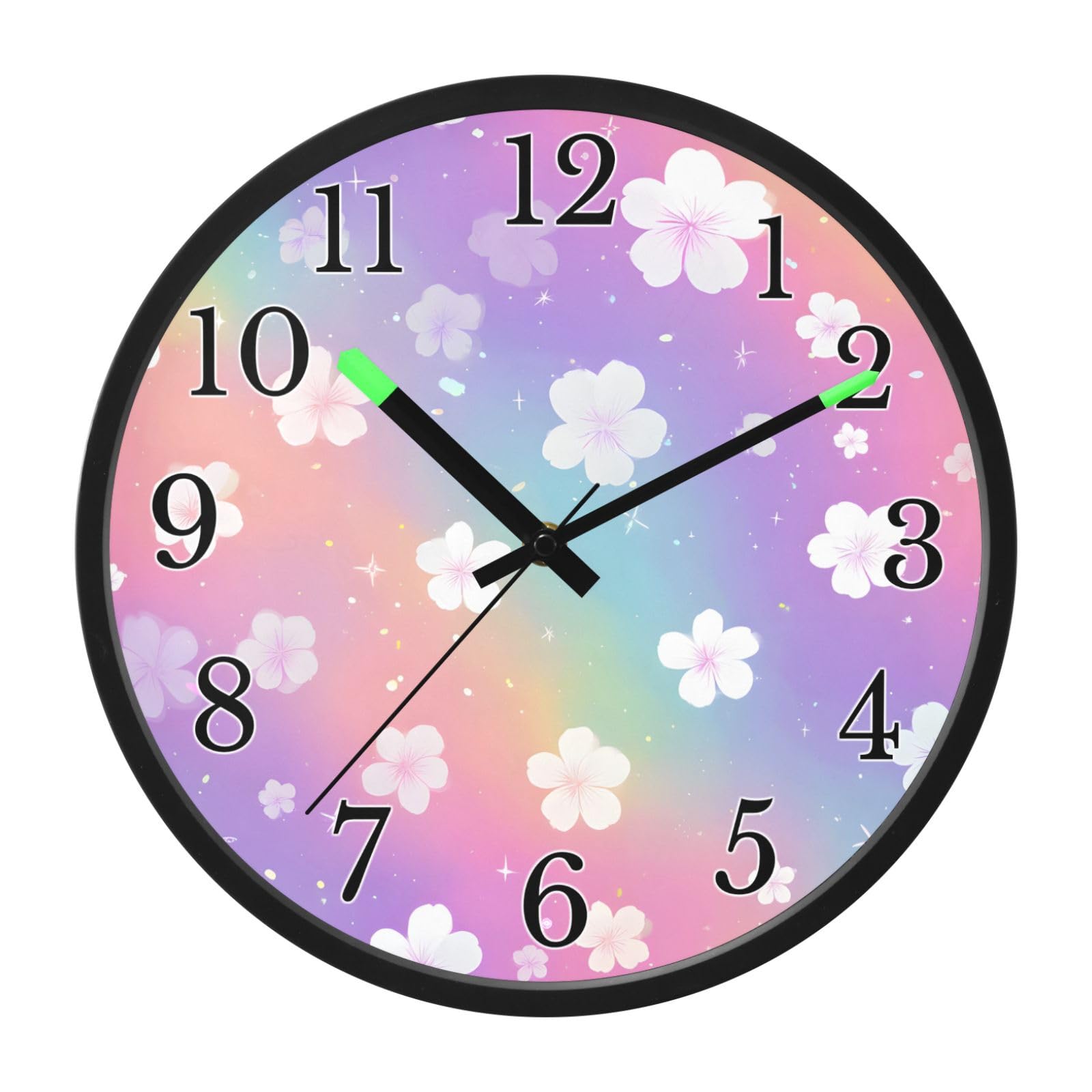 Mnsruu Reloj de pared luminoso con diseño de flores y arcoíris con purpurina, funciona con pilas, reloj silencioso que brilla en la oscuridad, para sala de estar, cocina, 12 pulgadas