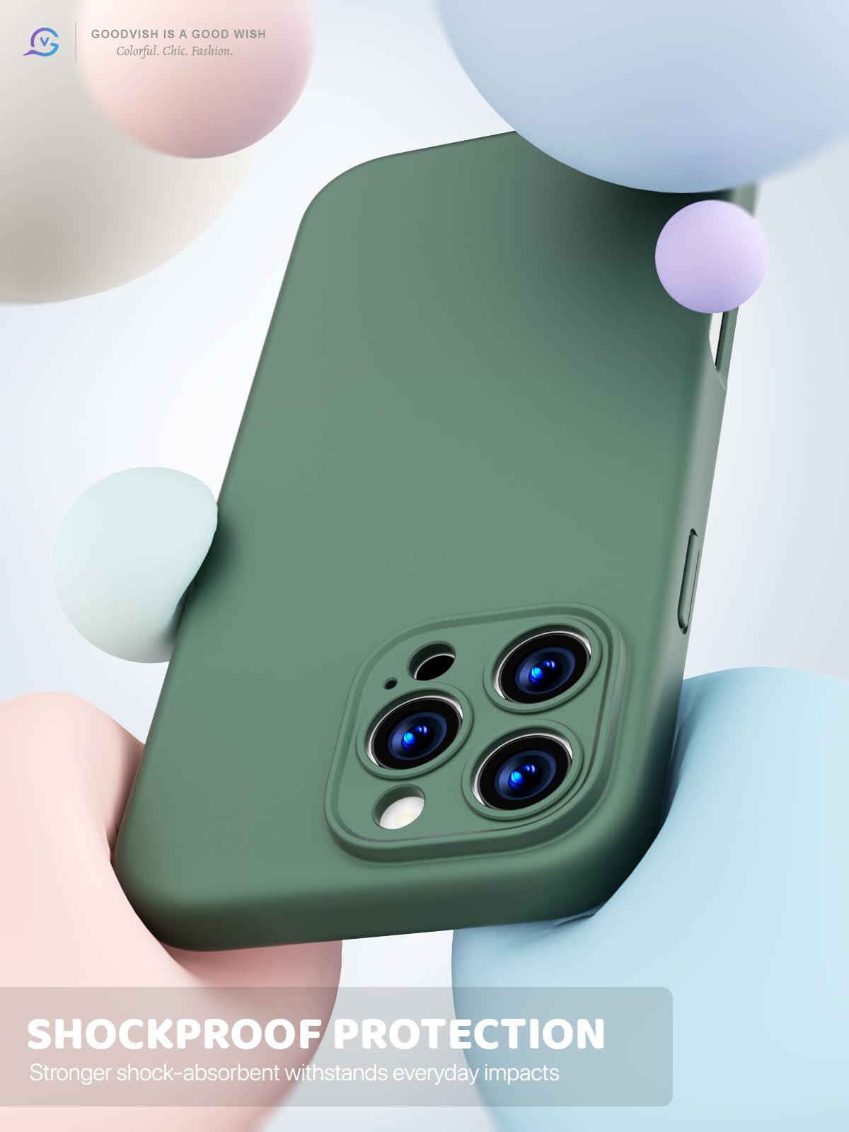 GOODVISH 3 in 1 Silicone Cover per iPhone 16 Pro Max 6.9", Custodia con 2 Pellicola Vetro Temperato [Protezione Fotocamera] Protezione Anticaduta Case per Cellulare Antiurto Resistente, Verde Pino