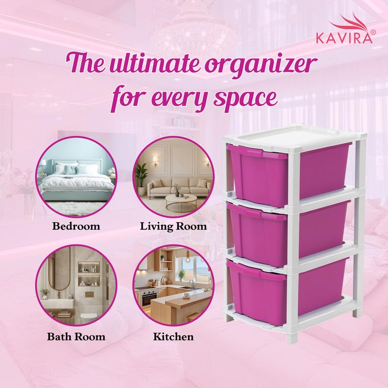 Image of Kavira Plastic Drawer Storage Tower - Space Organizer|Pink,3 Layer