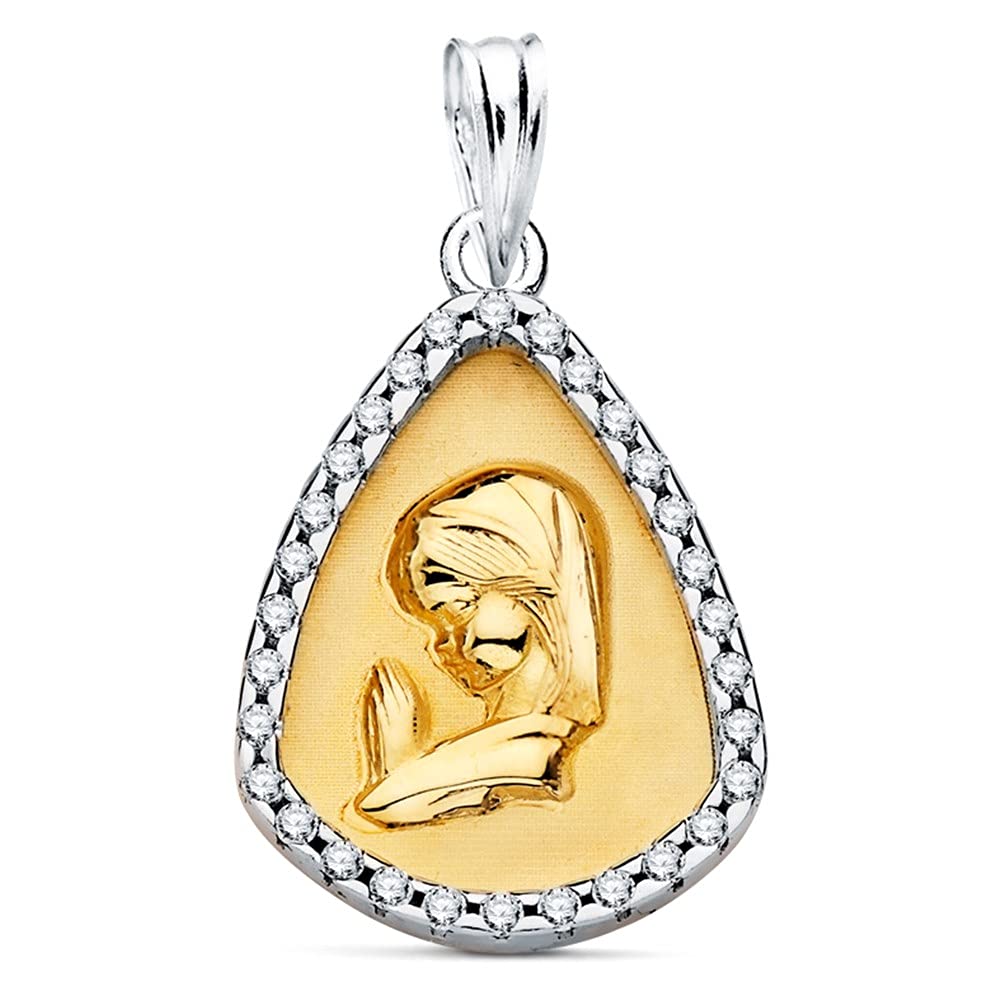 Medalla oro bicolor 18k Virgen Niña 18mm. forma lágrima cerco circonitas fondo liso