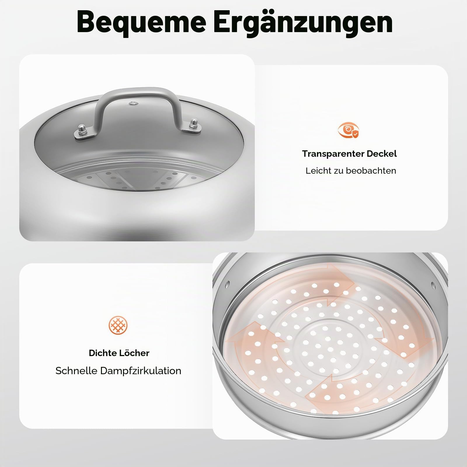 5 Etagen Dampfgarer Edelstahl 304 Stackbar, 9L Dampfkochtopf mit Glasdeckel, Mantowarka Gardampftopf, Großvolumen Dämpfeinsatz, für Induktion, Gasherd