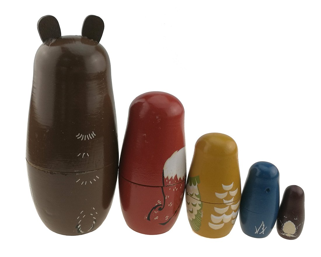 Winterworm - Set di 5 bambole russe lucide a tema animale, orso, volpe, gufo, coniglio, talpa, fatto a mano, per lo sviluppo di abilità