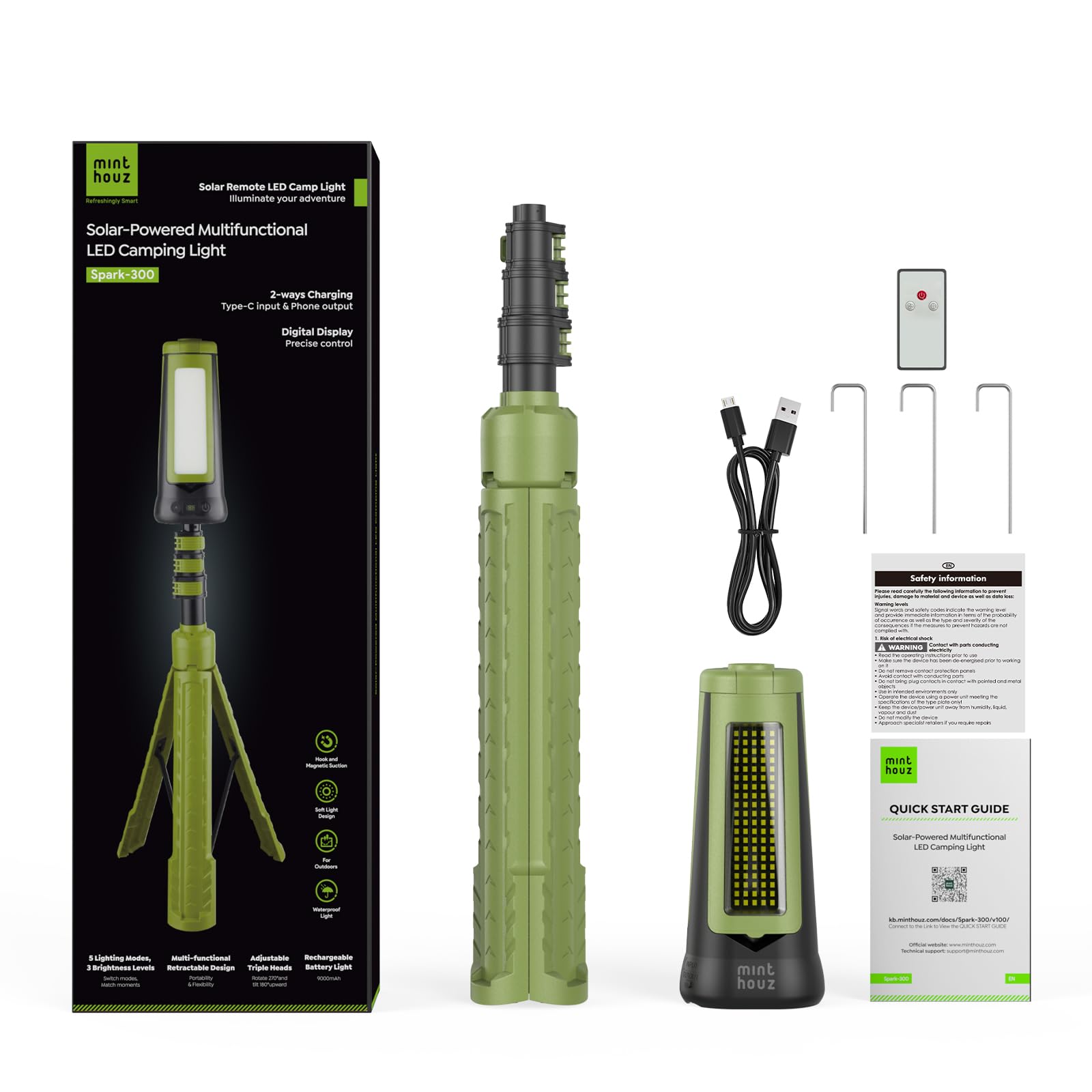 Minthouz Campinglampe Aufladbar mit Stativ, LED Camping Licht Akku & Solar, Tragbare Campingleuchte mit Fernbedienung, Magnetfuß, 5 Lichtmodi für Outdoor, Werkstatt & Notfall | 3 verstellbare Lichtköpfe, 5 Modi, 270°/180° Drehung, Camping Essentials Gear