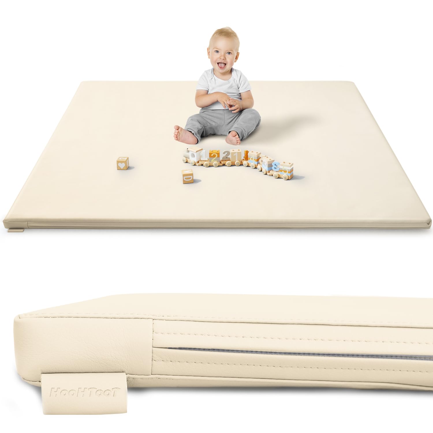 Foam Play Mat for Baby: PU Leather Waterproof Kids Playmat – Beige Baby Play Mats for Floor – Thick Play Mat for Playpen Padded Playpen Mattress Soft Infant Mat for Preschool (Beige Foam mat)