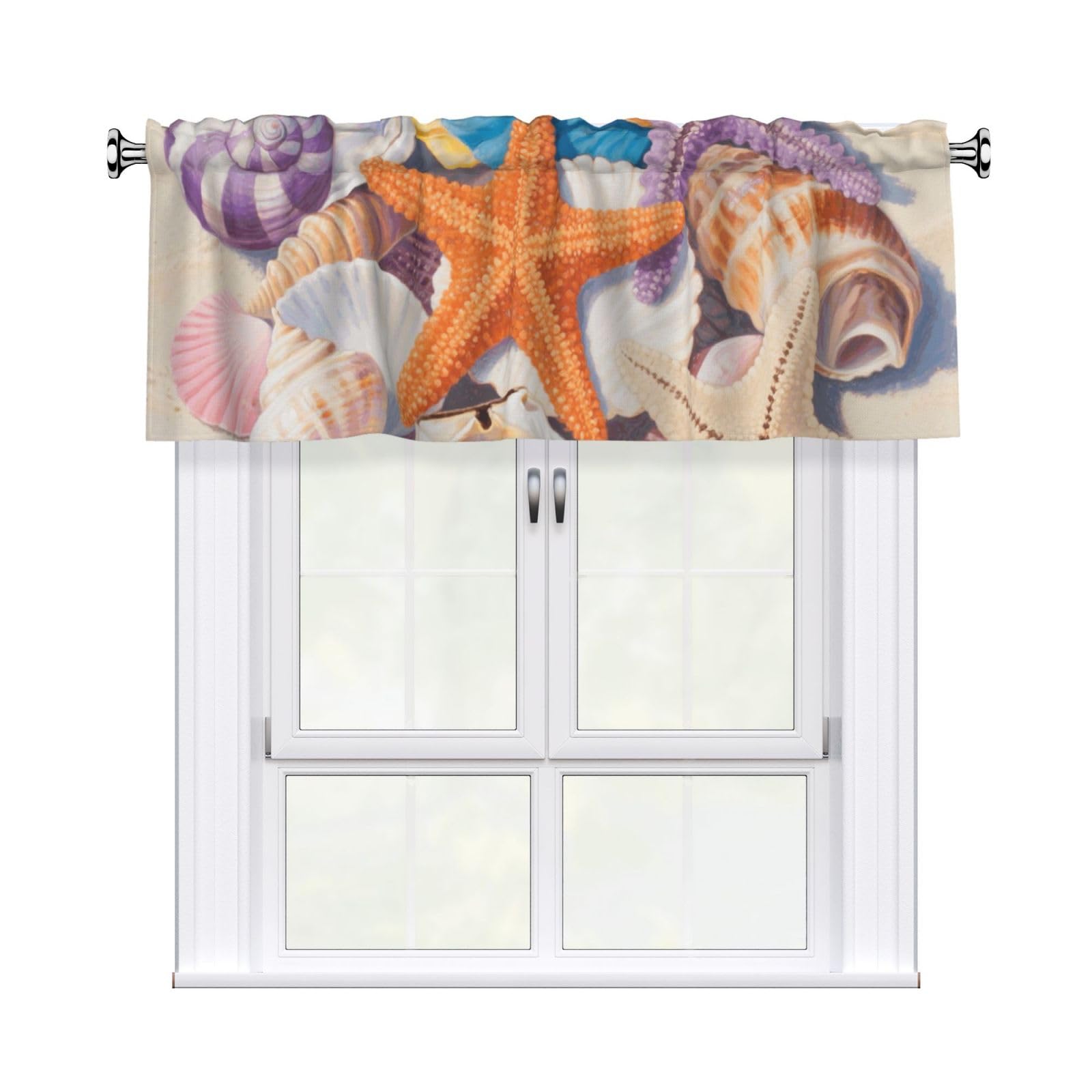 FekiLoot Colorful Seashell and Starfish Curtain Valance for Windows, Kitchen Window Valances Rod Pocket Window Treatments Short Curtains Drapes for Bathroom Bedroom Cafe Decor 54x18inch 1 Panel