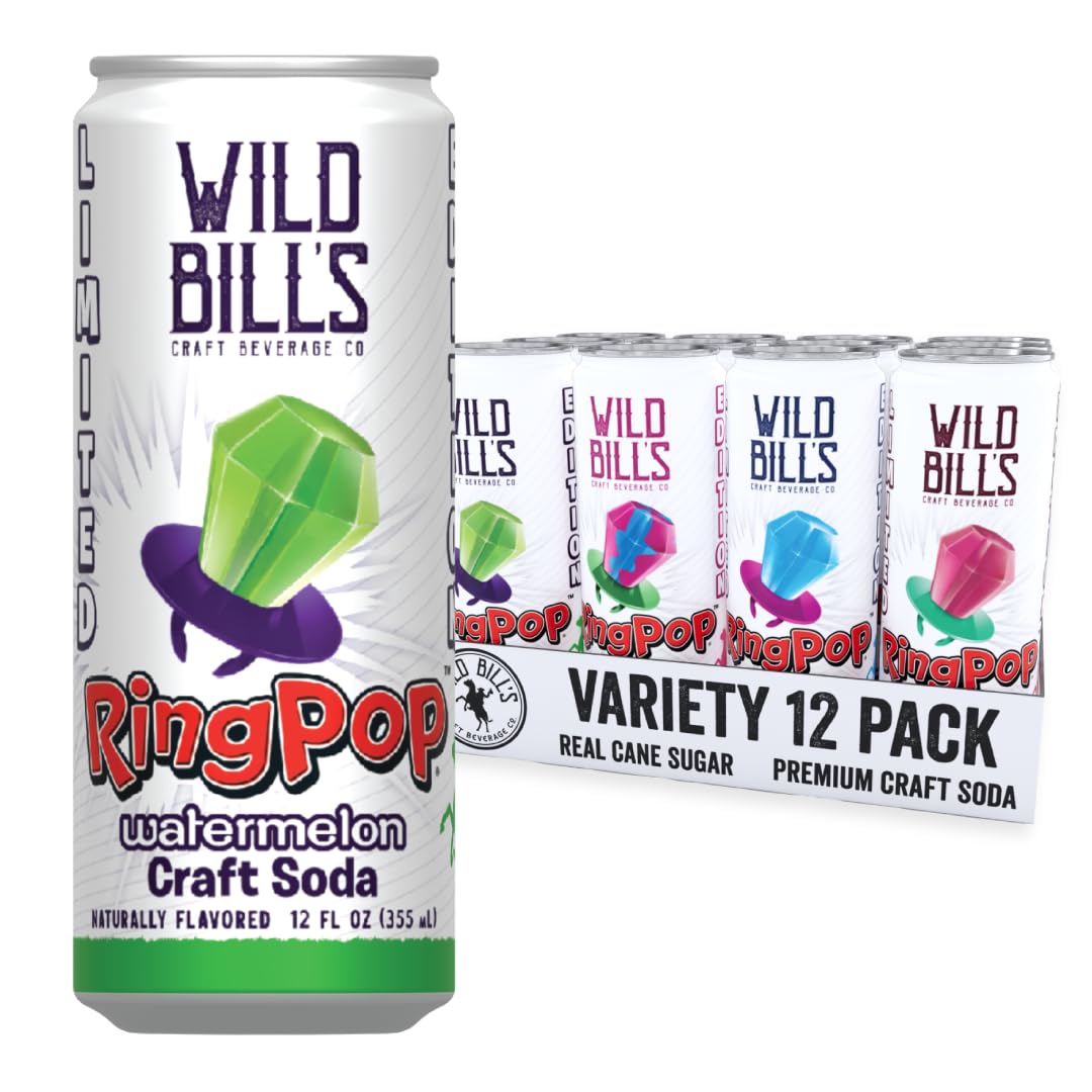 Wild Bill’s Craft Soda Variety Pack – Ring Pop Soft Drinks – Watermelon, Strawberry, Berry Blast & Blue Raspberry – Pure Cane Sugar, No HFCS, Caffeine Free, Vegan, Gluten Free - 12 Oz Cans 12 Pack