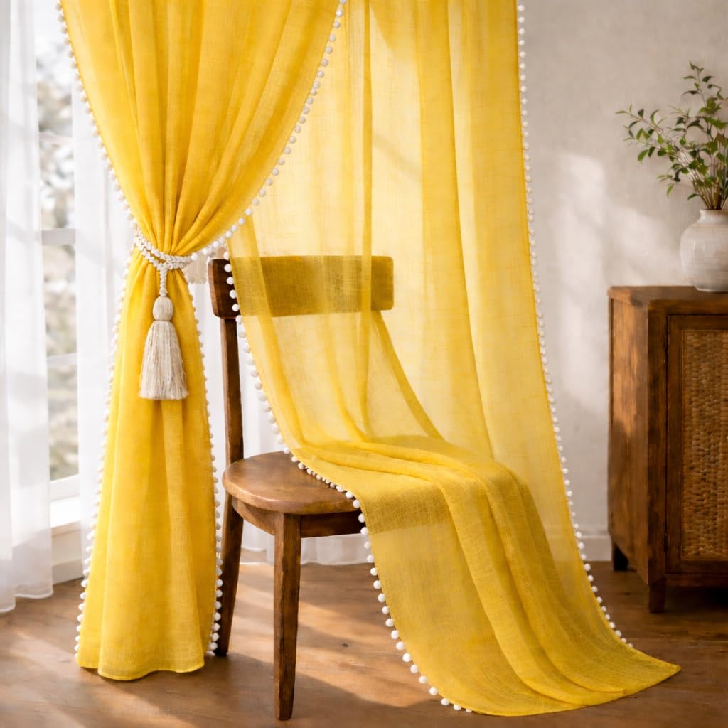 THE LINEN COMPANY Cotton Curtains Window Curtains Sheer Net Curtains with Pom Pom Lace Rod Pocket Light Filtering Curtains for Window Curtains Door Curtains Lemon 5 Ft Pack of 2
