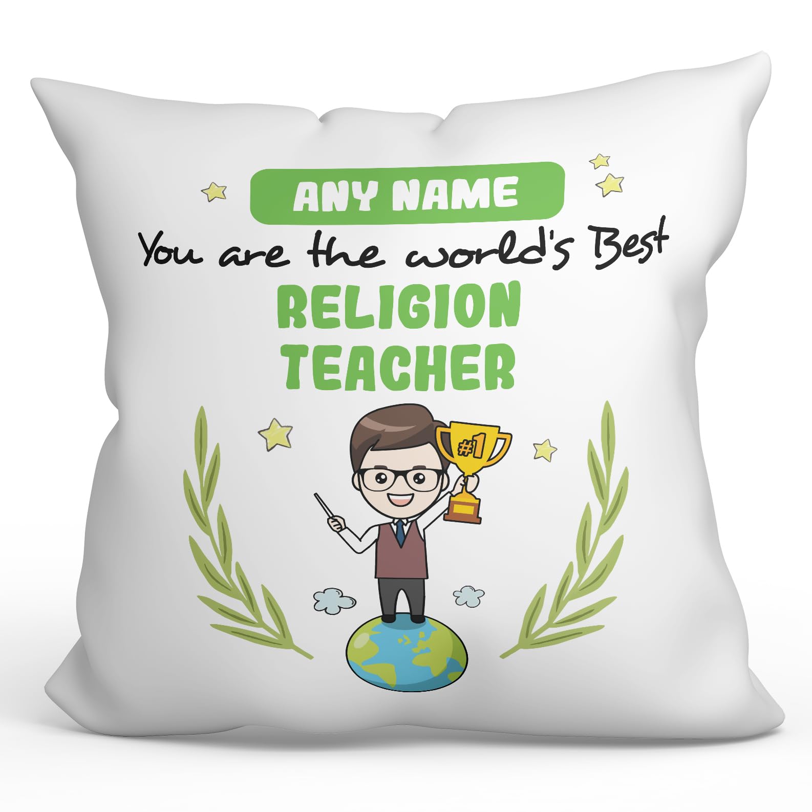 MUGFFINS Personalised Cushion for RELIGION TEACHER man Padding included - in English - You are World's Best - Funny custom gift - Pillow: cover and filling 15.7x15.7 inches โ image 1
