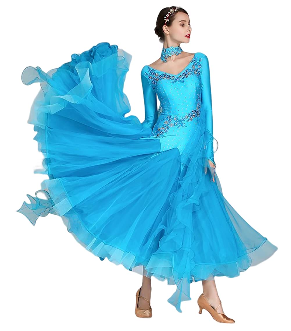 Robes Danse Salon pour Femmes,Robe compétition Valse Foxtrot brodée au Diamant exquise, Robe de Danse de Danse Moderne à Manches Longues