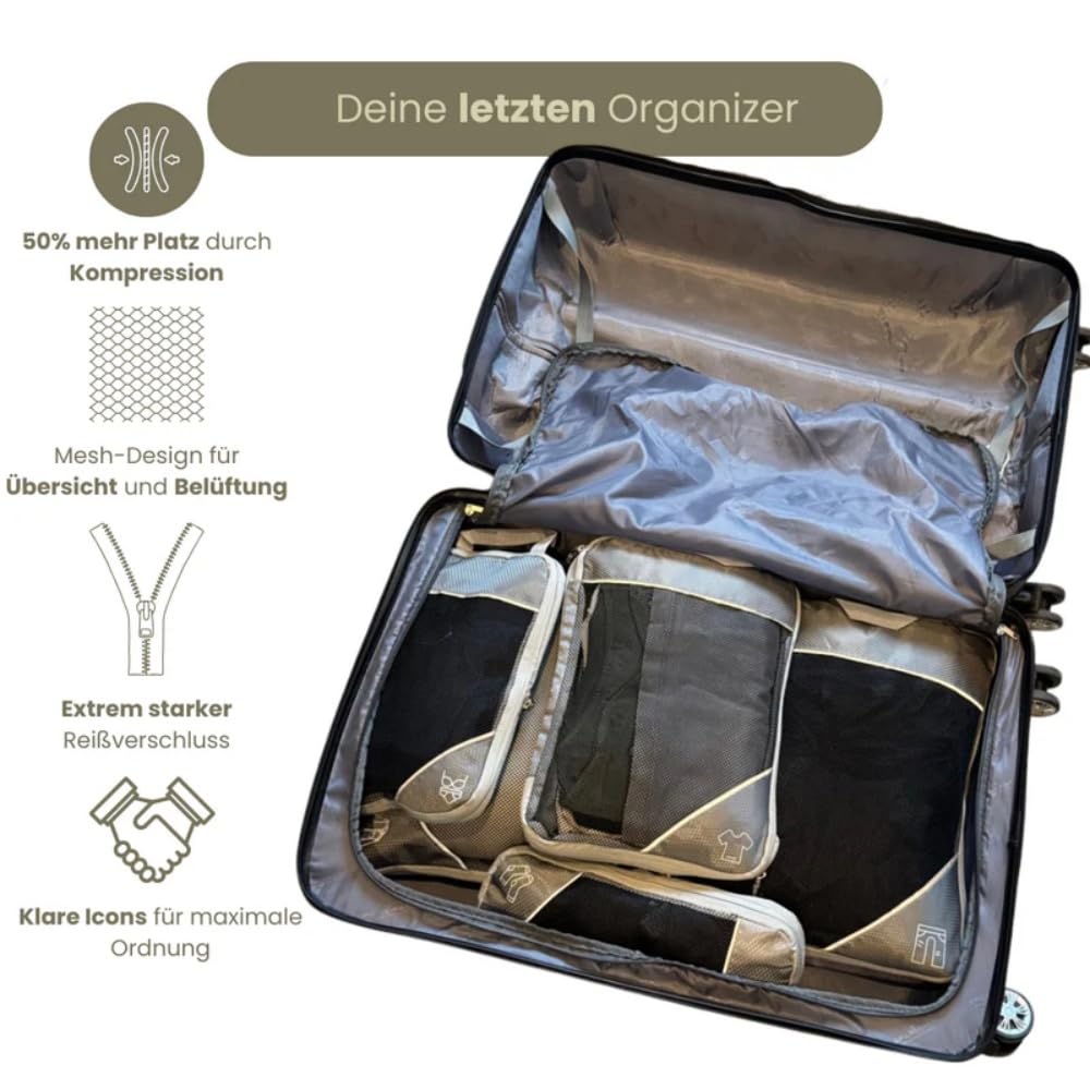 Packfreunde - Kompressionswürfel 5 - Teiliges Ultraleicht Erweiterbares Koffer Organizer Set - für Reise, Koffer, Rucksack & Camping