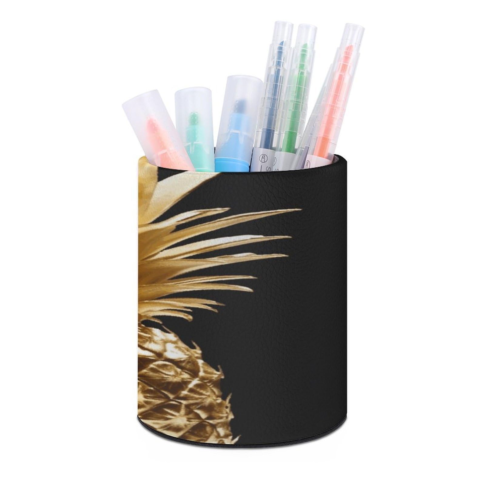 JTREHY - Gold Pineapple Round Pen Holder Makeup Brush Holder PU Leather Cup Holder Stationery Organizer Office Accessories Container Box
